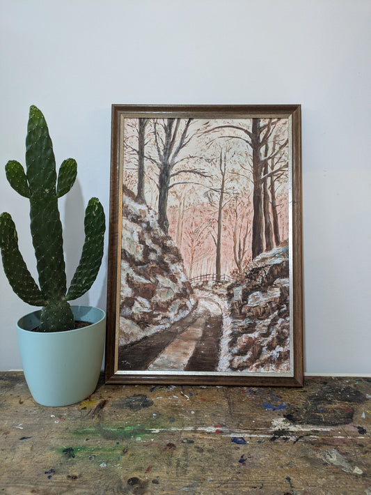 Vtg Painting Wood T Morris Forrest Winter Road Trees Country Picture Landscape