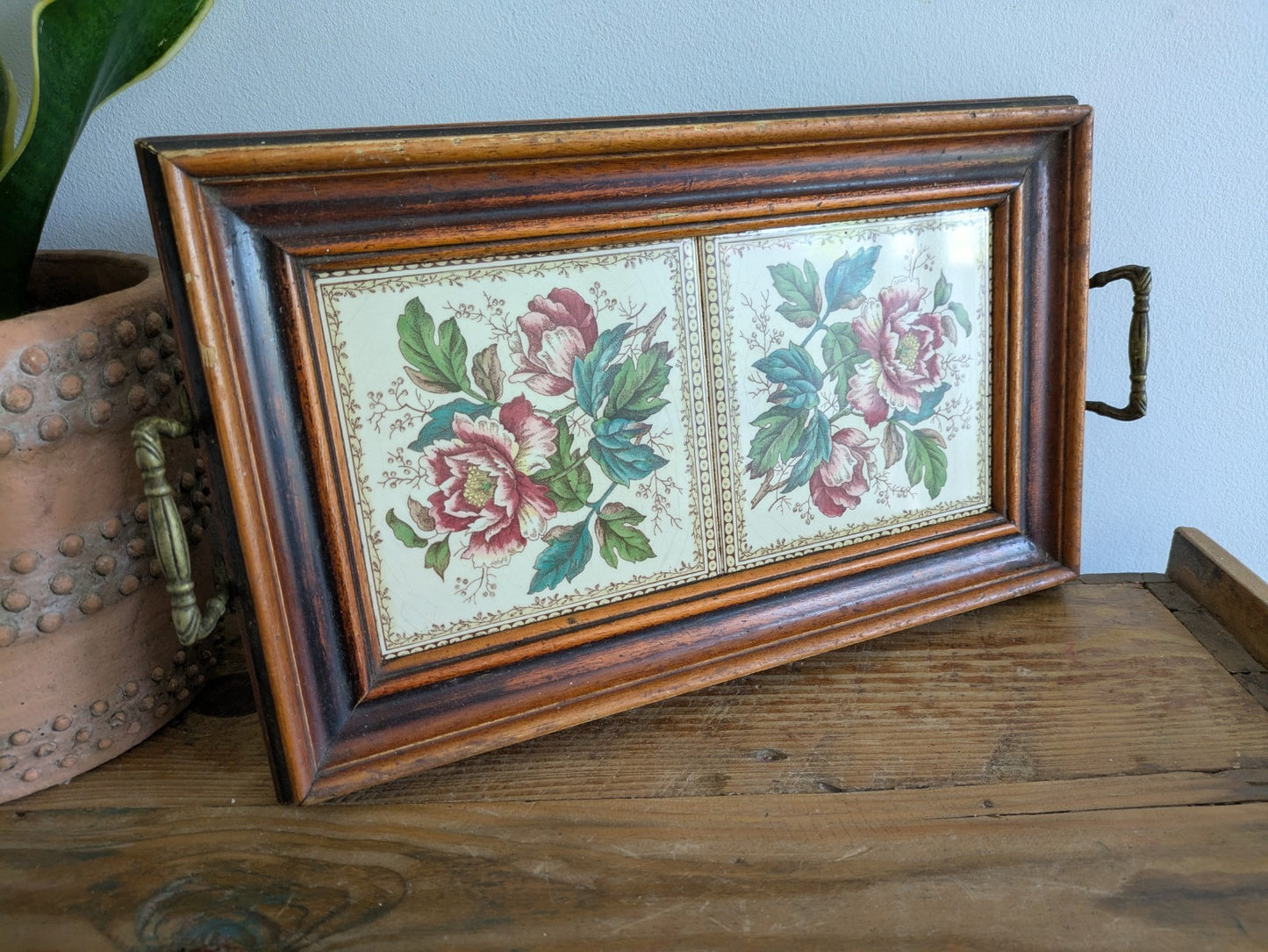Vintage Tray Ceramic Rose Floral Tiles Wooden Frame & Brass Handles Serving Old!