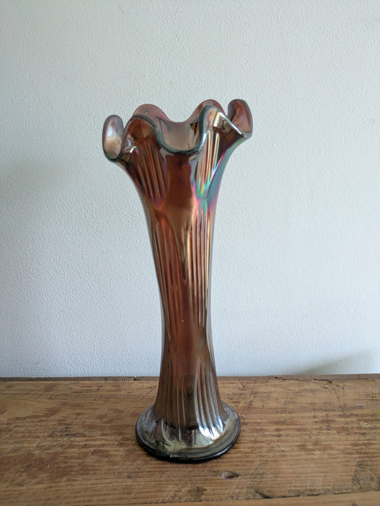 Vintage FENTON 26.8cm Tall Amethyst Iridescent GLASS Frilled Rim VASE Ribbed Vgc