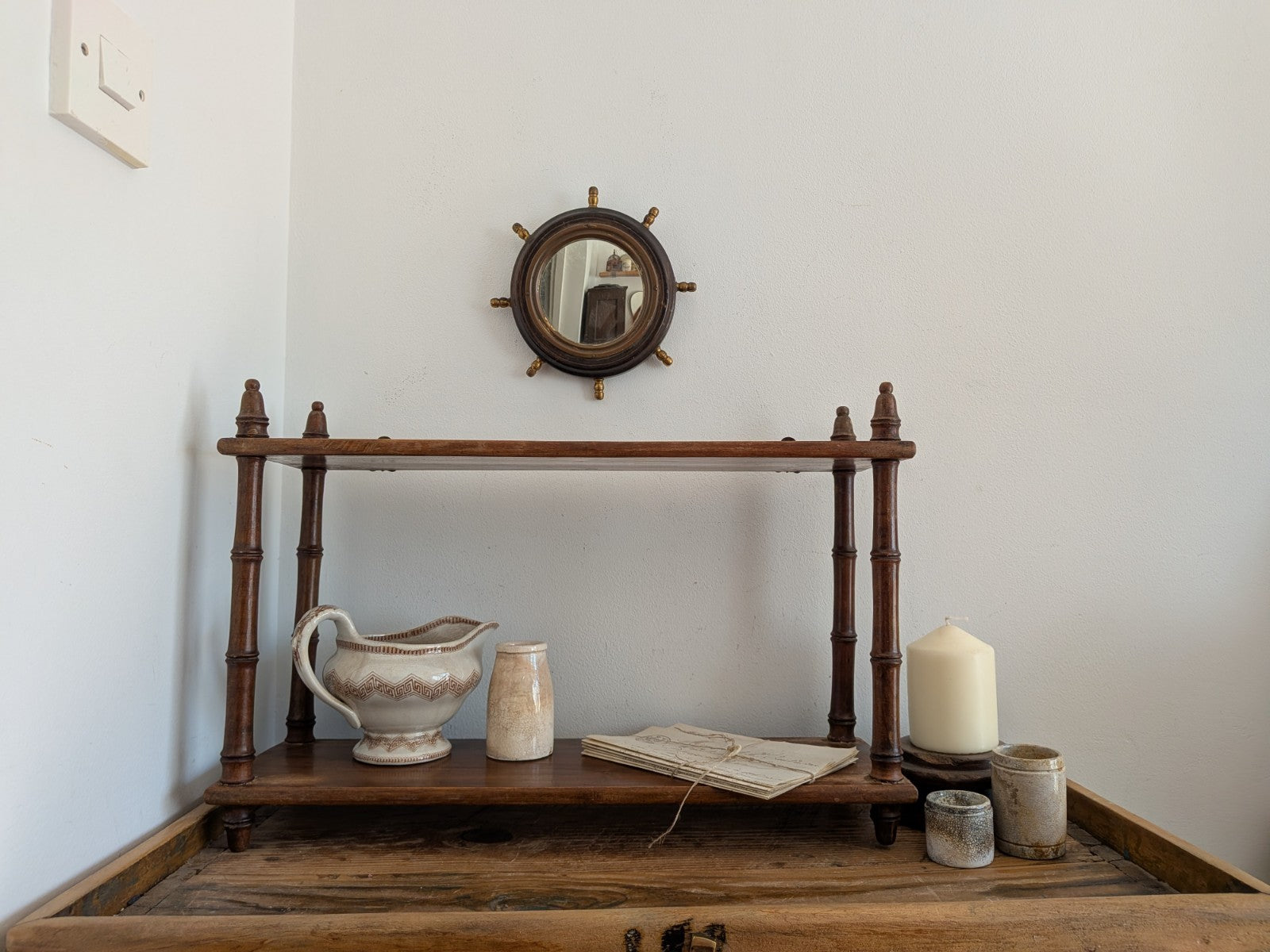 Antique Vintage French Faux Bamboo Wall Shelf Two Tier Wooden Finials Bookshelf 