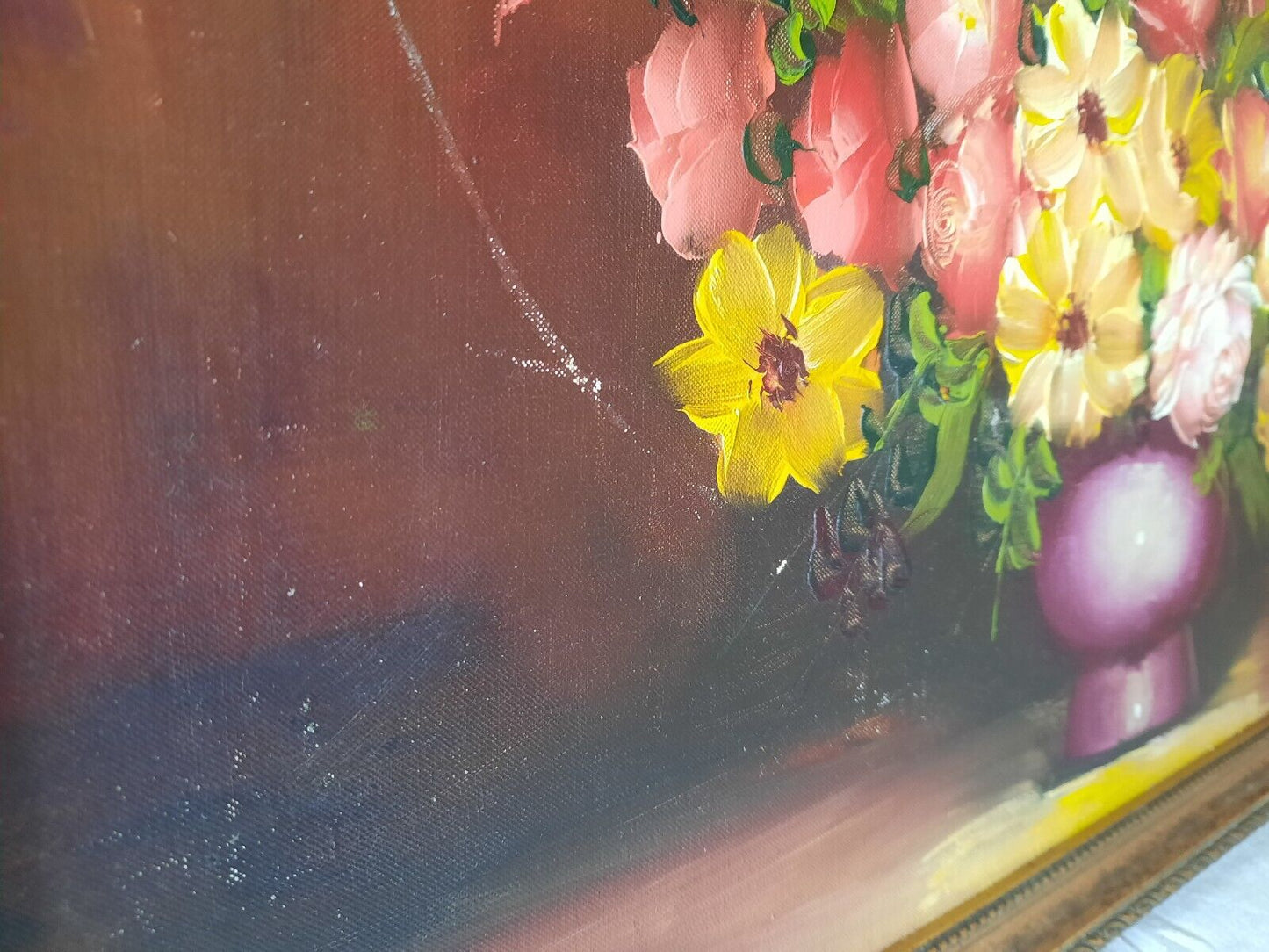 Large Original Vintage Antique Still Life Of Roses Oil On Canvas Painting Gilt