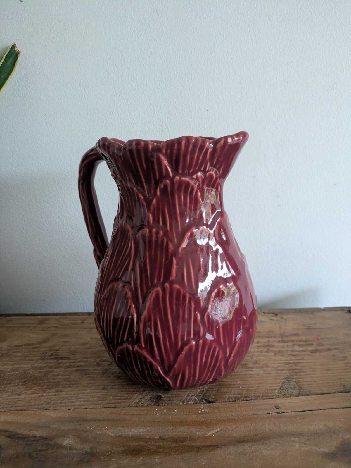 Olfaire Made In Portugal Burgundy Cabbage Majolica Pitcher Vintage MCM Vase Rare