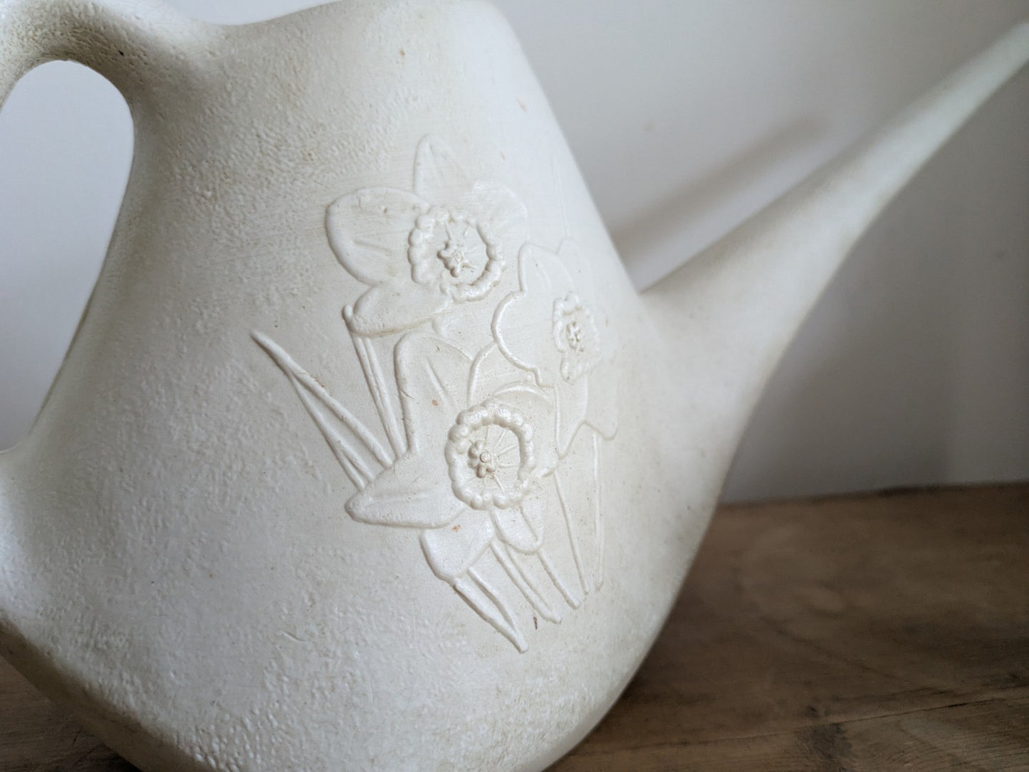 Vintage White Plastic Watering Can MCM Daffodils Spring House Plants Retro Prop