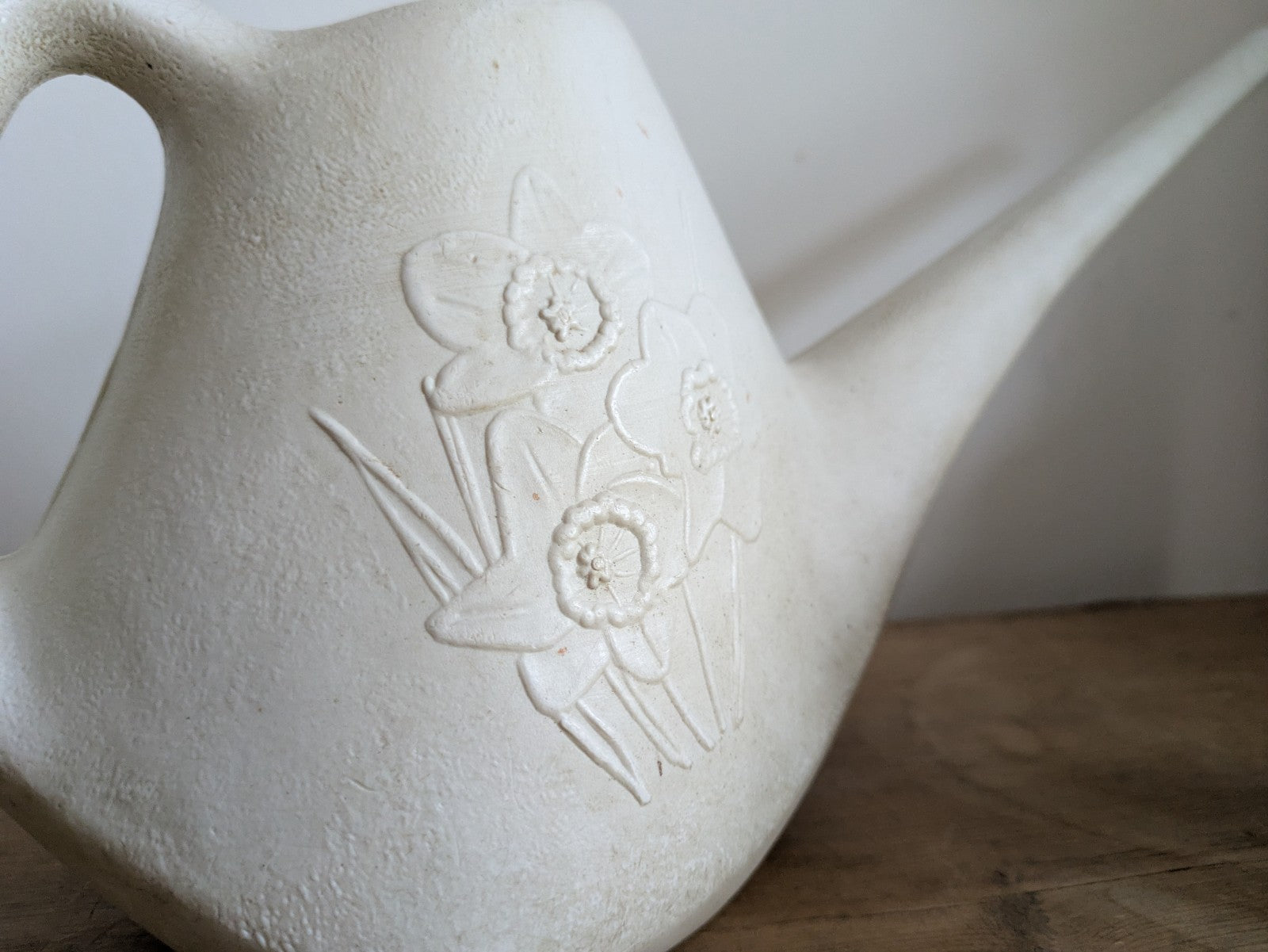 Vintage White Plastic Watering Can MCM Daffodils Spring House Plants Retro Prop