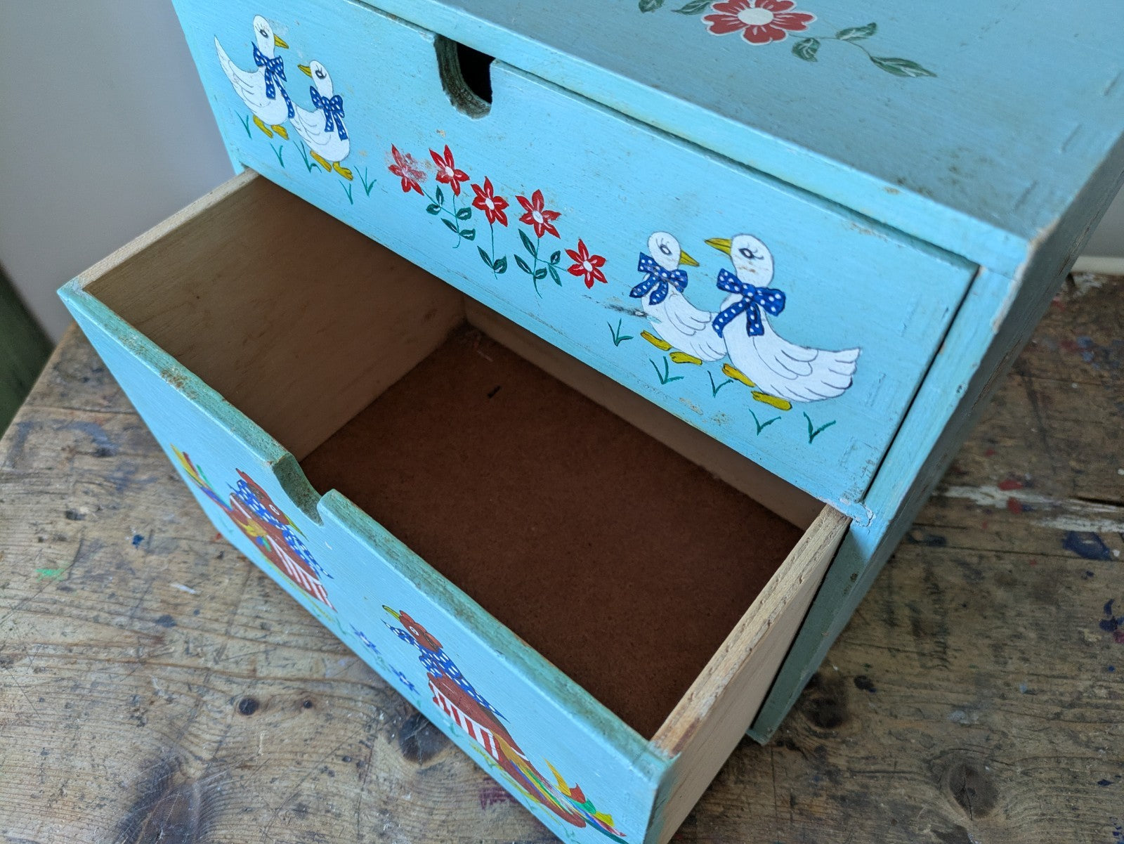 Folk Art Chicken CHEST of DRAWERS BOX KITCHEN Storage Wood Jewellery Vtg Floral