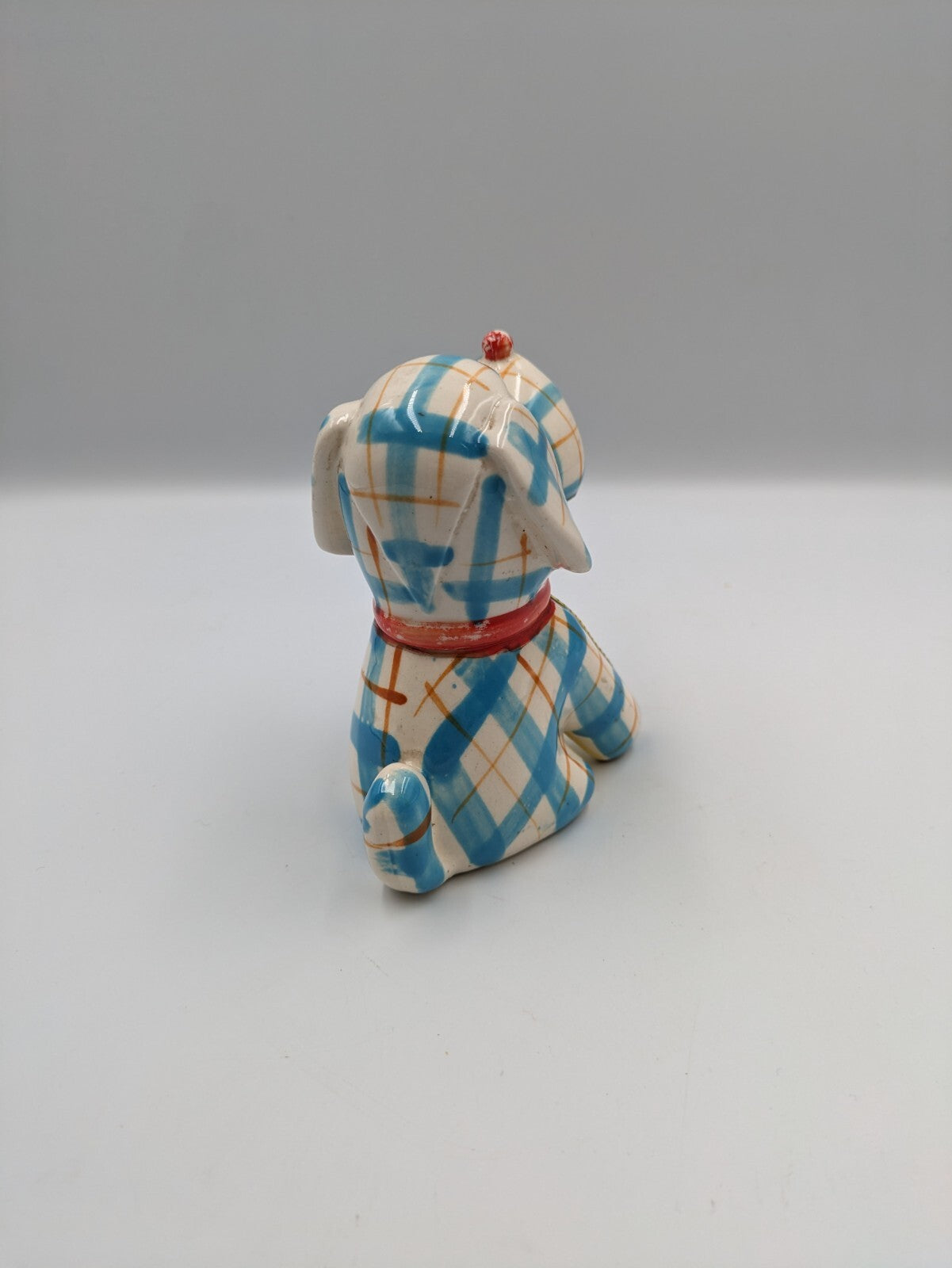 Vintage Kitsch Ceramic Novelty Dog Tape Measure Plaid Design Blue Retro 1950s Vg