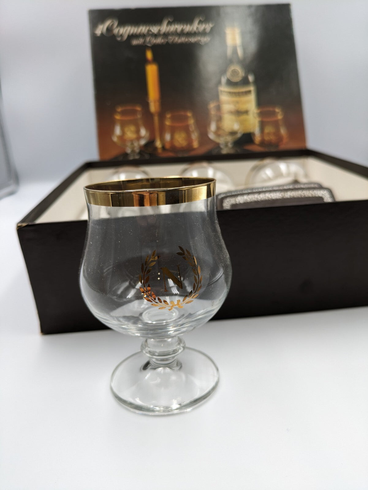 4 X NAPOLEON RETRO BRANDY COGNAC GLASSES GOLD CROWN BALLOON STYLE SNIFTERS Boxed