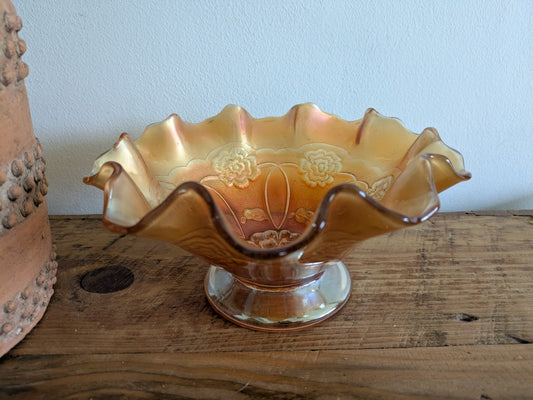 Carnival Glass Bowl Dugan Double Stem Rose Marigold/Peach Opal Iridescent C1917