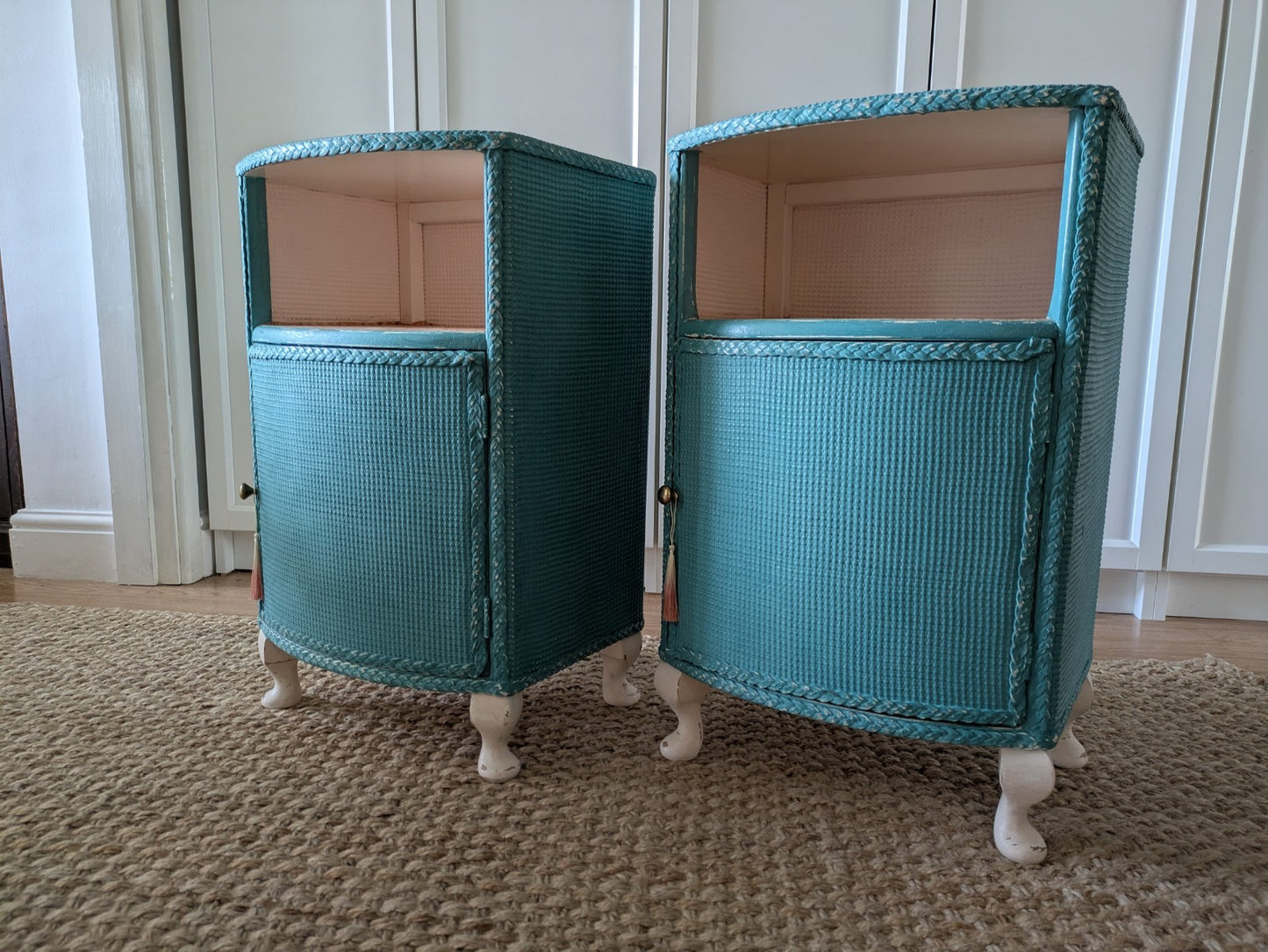 2x Vintage Lloyd Loom Bedside Table Bedside Drawers Cabinets Pair Painted French