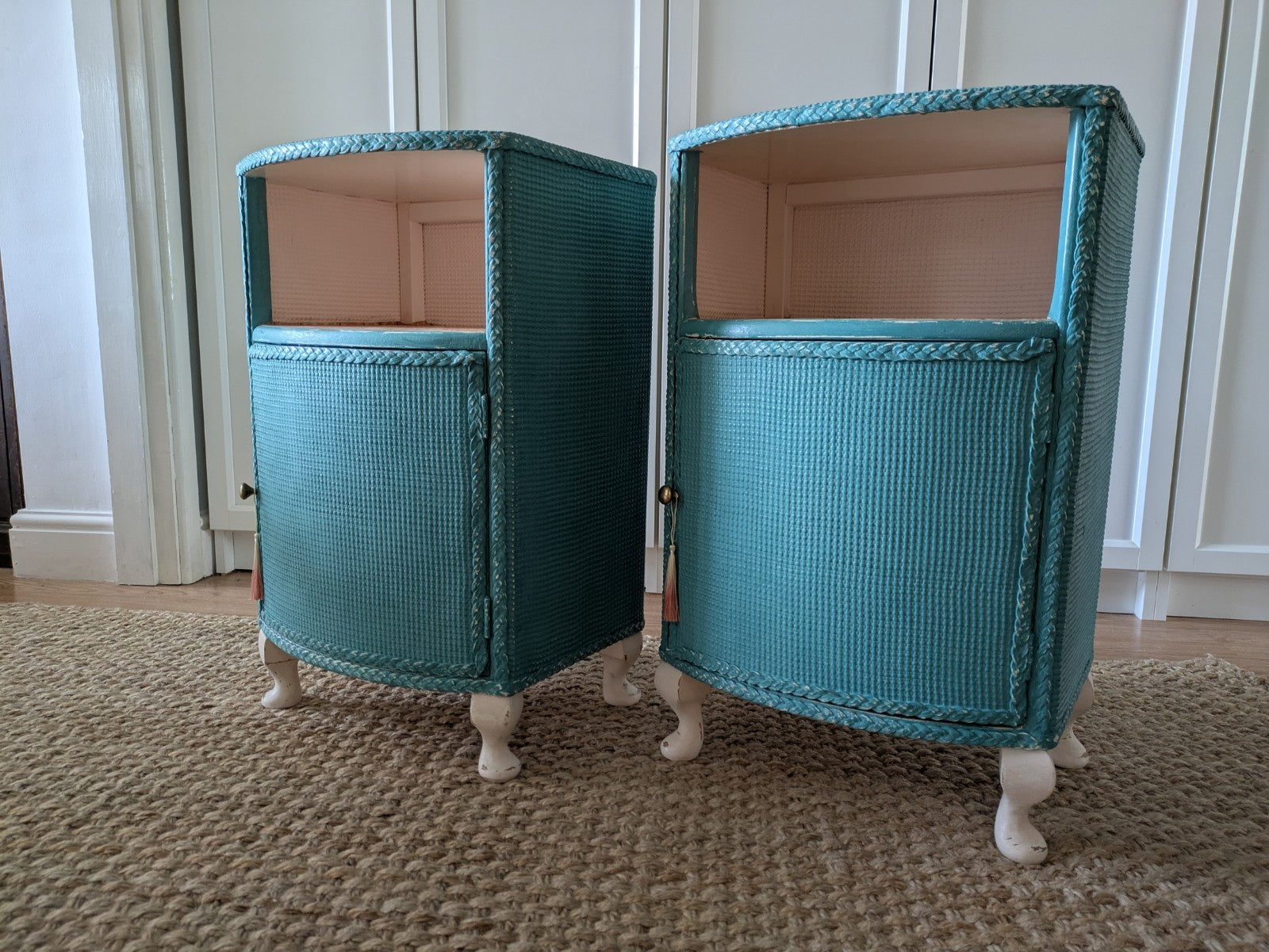 2x Vintage Lloyd Loom Bedside Table Bedside Drawers Cabinets Pair Painted French