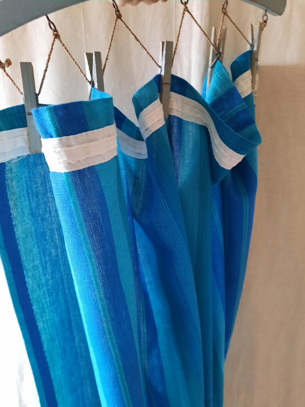 1x VINTAGE RETRO TEAL BLUE GREEN STRIPE MIDCENTURY CURTAIN 220.5cmD 114cmW long
