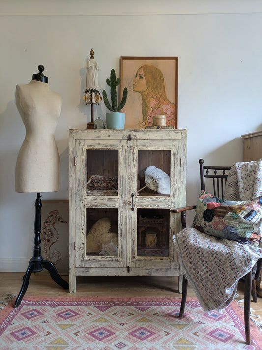 Restored Antique Vintage Indian Cabinet Cupboard Painted Glazed Reclaimed Cream