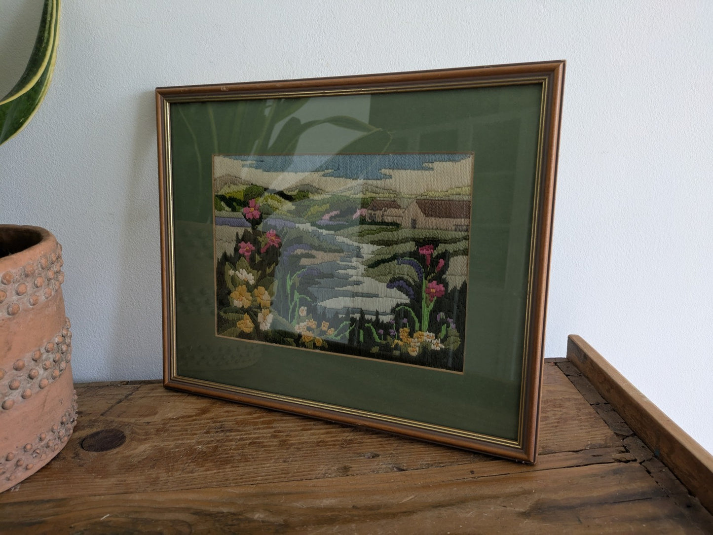 Country Side Embroidery Long Stitch Tapestry Picture Vtg River Floral Landscape
