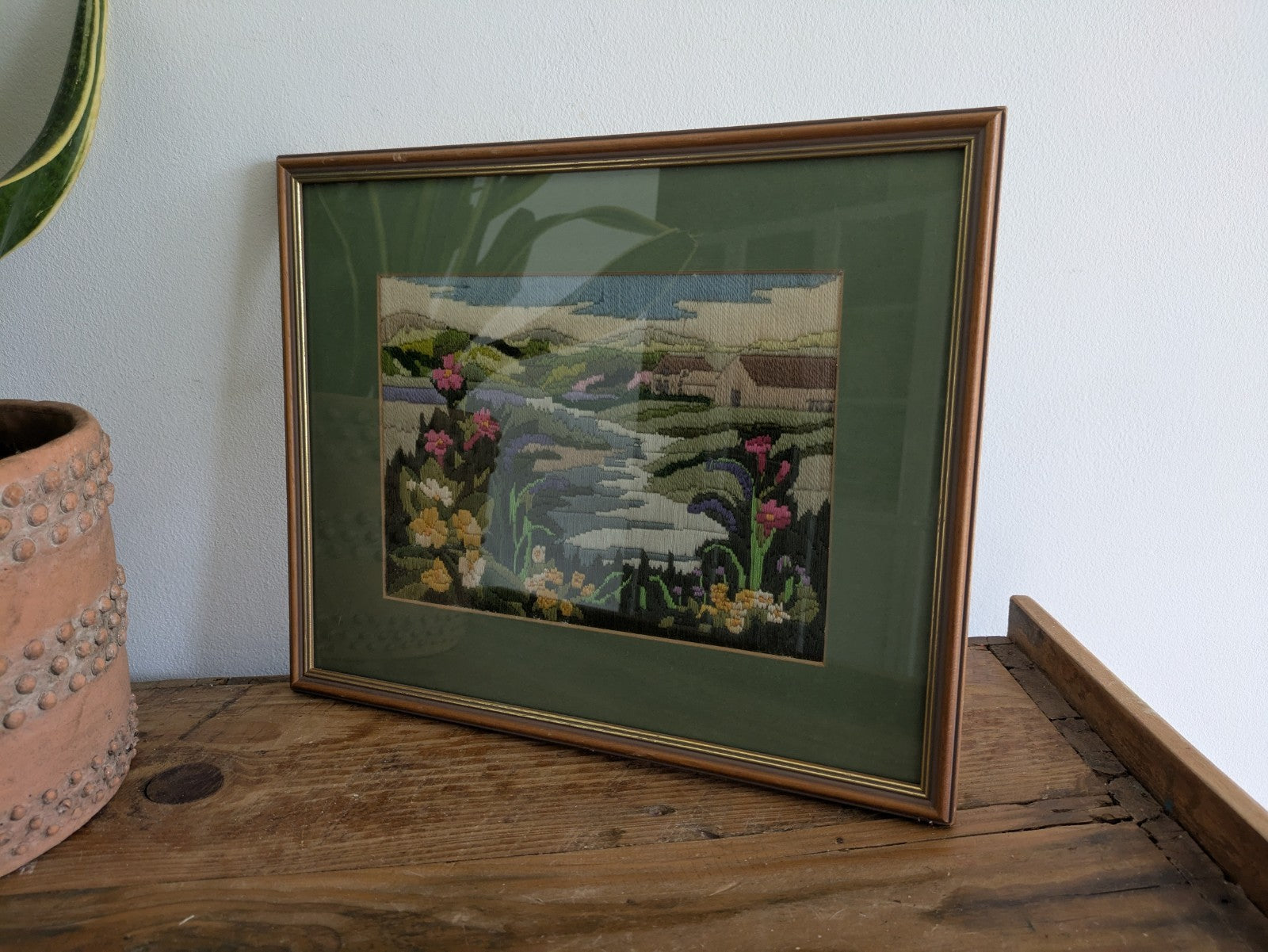 Country Side Embroidery Long Stitch Tapestry Picture Vtg River Floral Landscape
