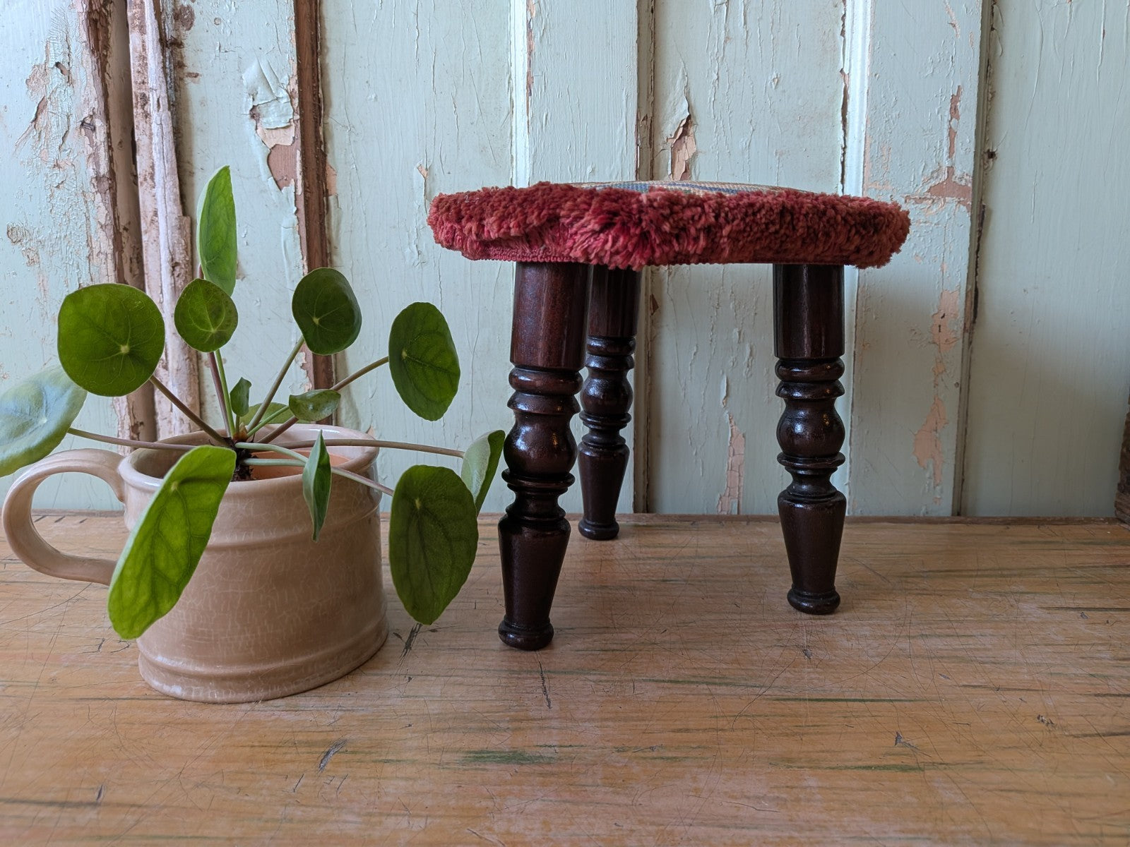 Victorian Tripod Needlepoint Foot Stool Ship Sailing Seat Tapestry Antique Vtg