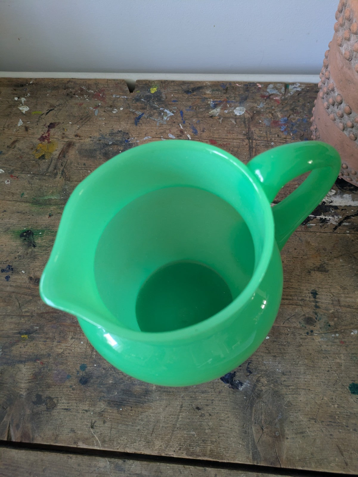 Antique Green Uranium Glass Water Jug Pitcher Jade Jadeite Art Deco Opaque Large