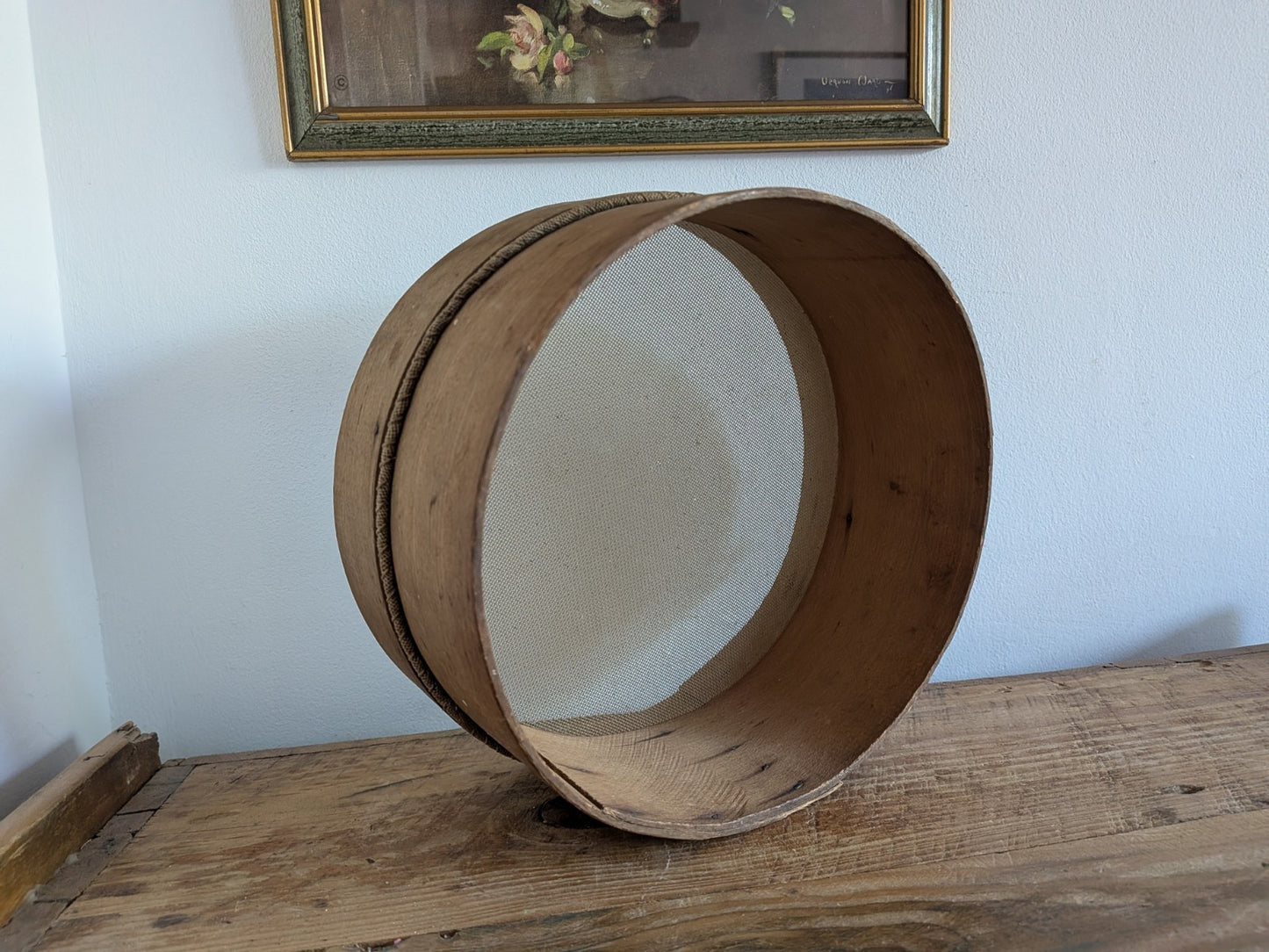 Vintage Small Wooden Rustic Bentwood Farmhouse Sieve / Sifter Grain Flour Mesh
