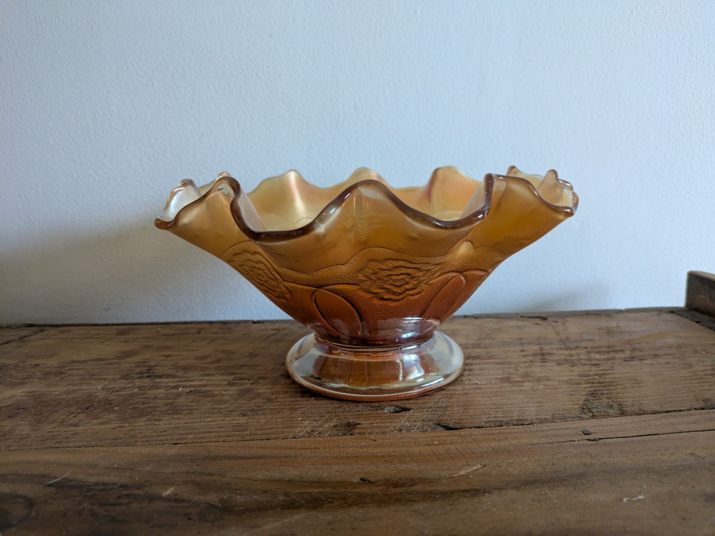 Carnival Glass Bowl Dugan Double Stem Rose Marigold/Peach Opal Iridescent C1917