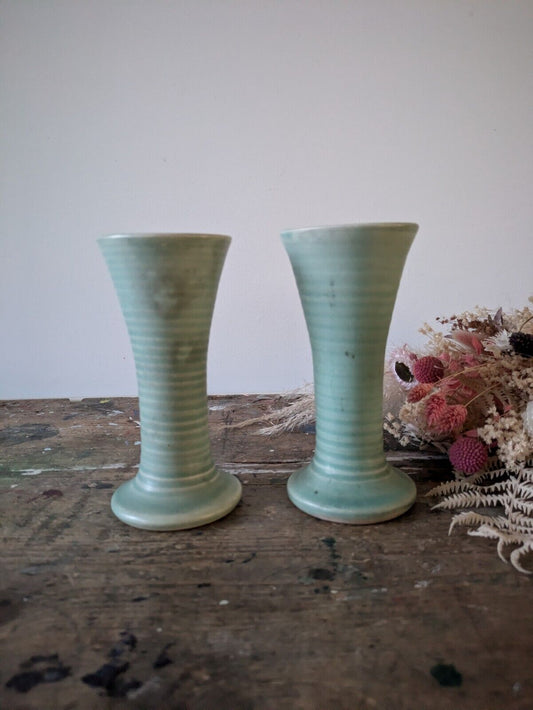 2x Lovatts Langley Pottery Ribbed Vase Windsor Green Vintage 1930's Pair Fluted 