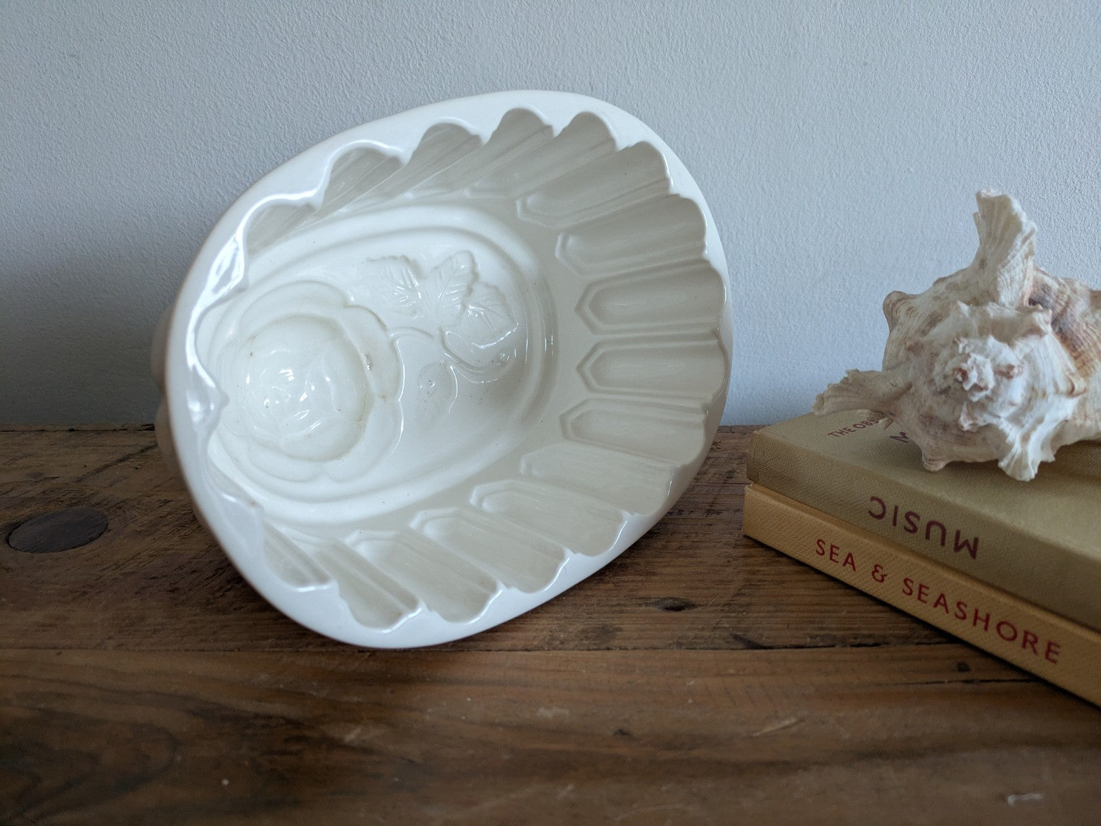 XL Antique White Jelly Mould Oval Ironstone with Rose Motif Victorian Impressed