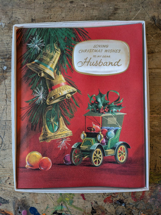 Vintage Car 60s Padded Christmas Xmas Greeting Card Fabric Satin Husband Bell