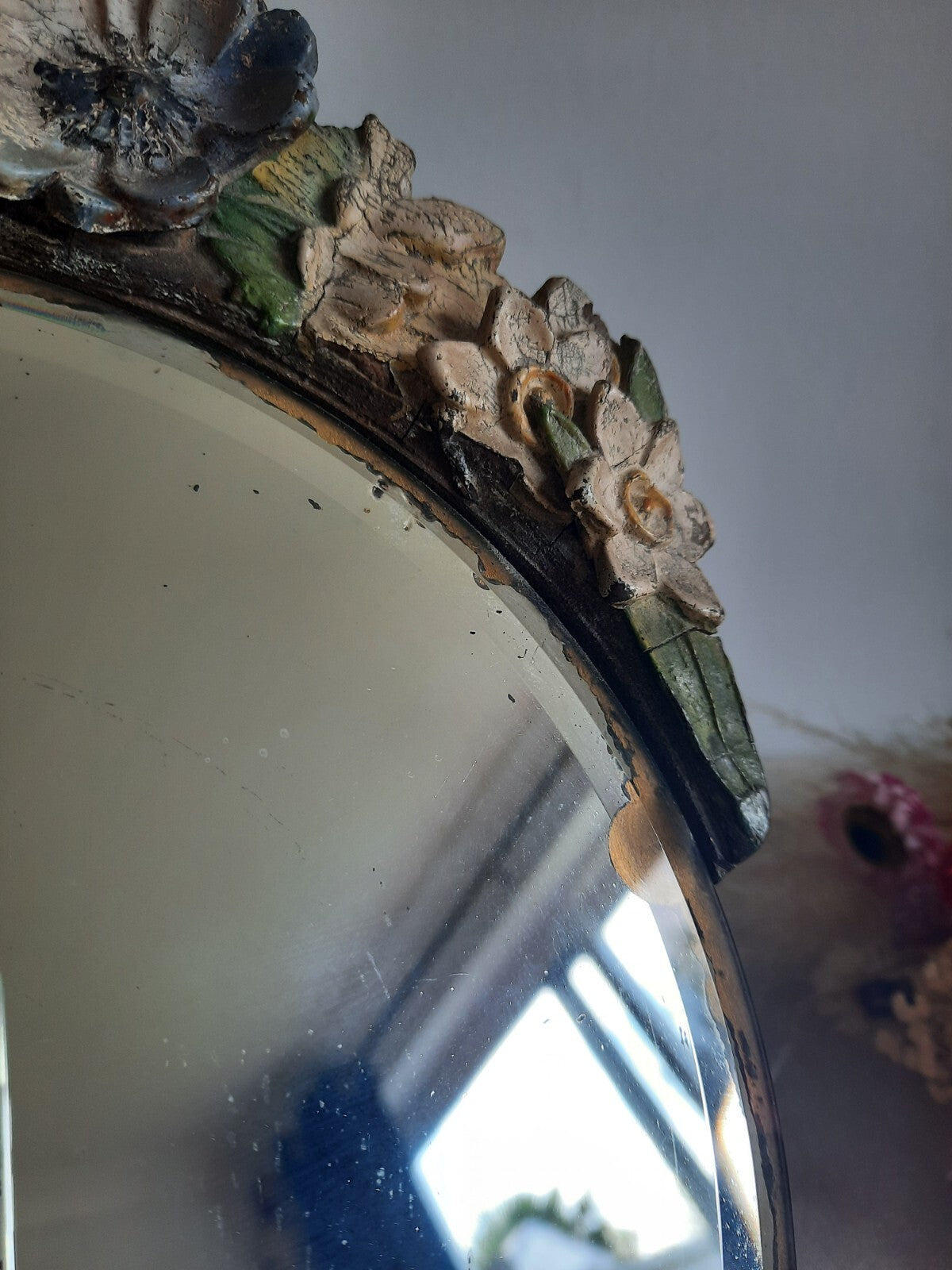 Vintage Barbola Mirror Circa 20s 1930s art deco floral antique Round bevel edge