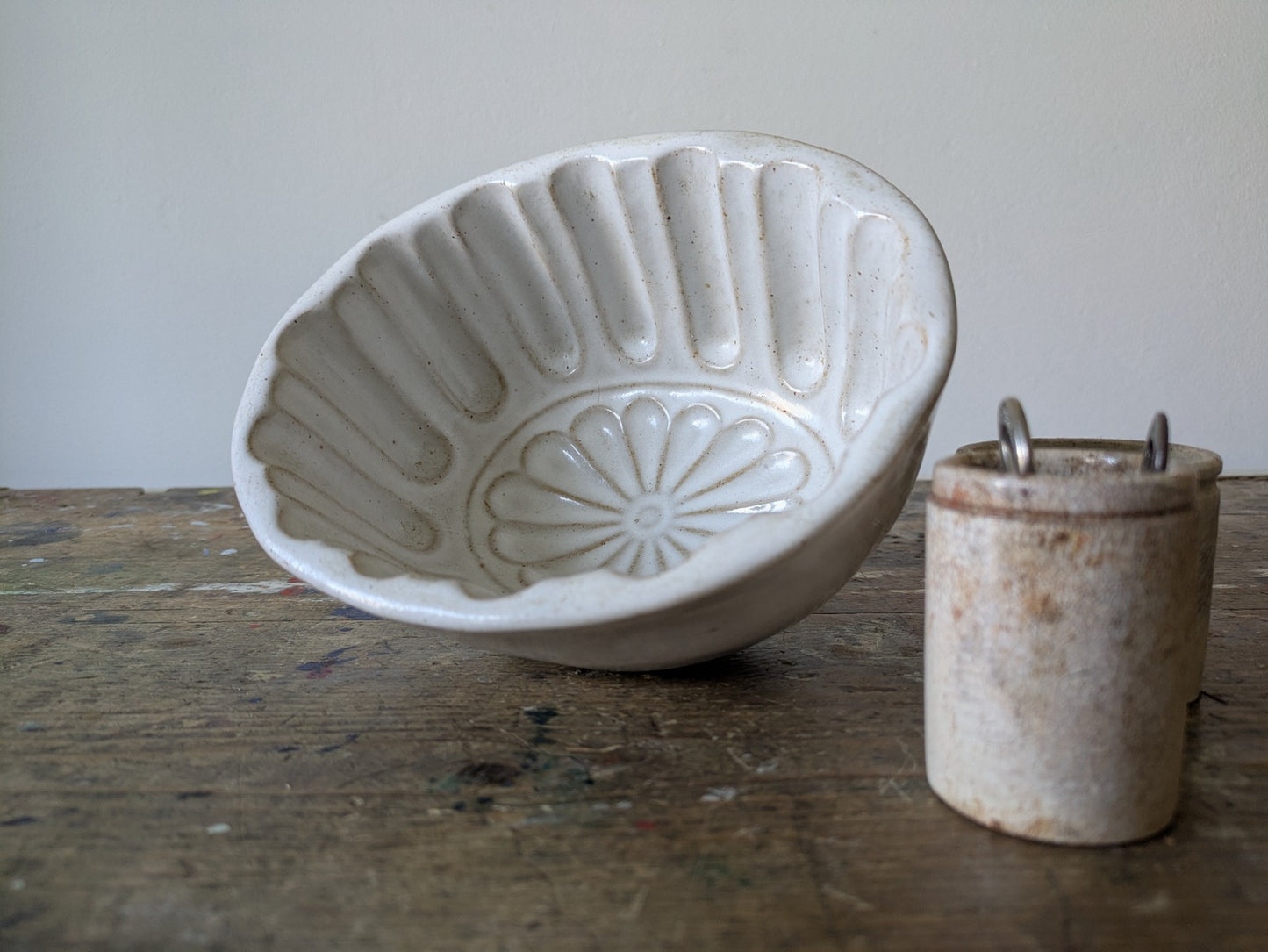 Antique Pottery Glazed Jelly Mould Oval Design White Vgc Kitchen Prop Decor Mold