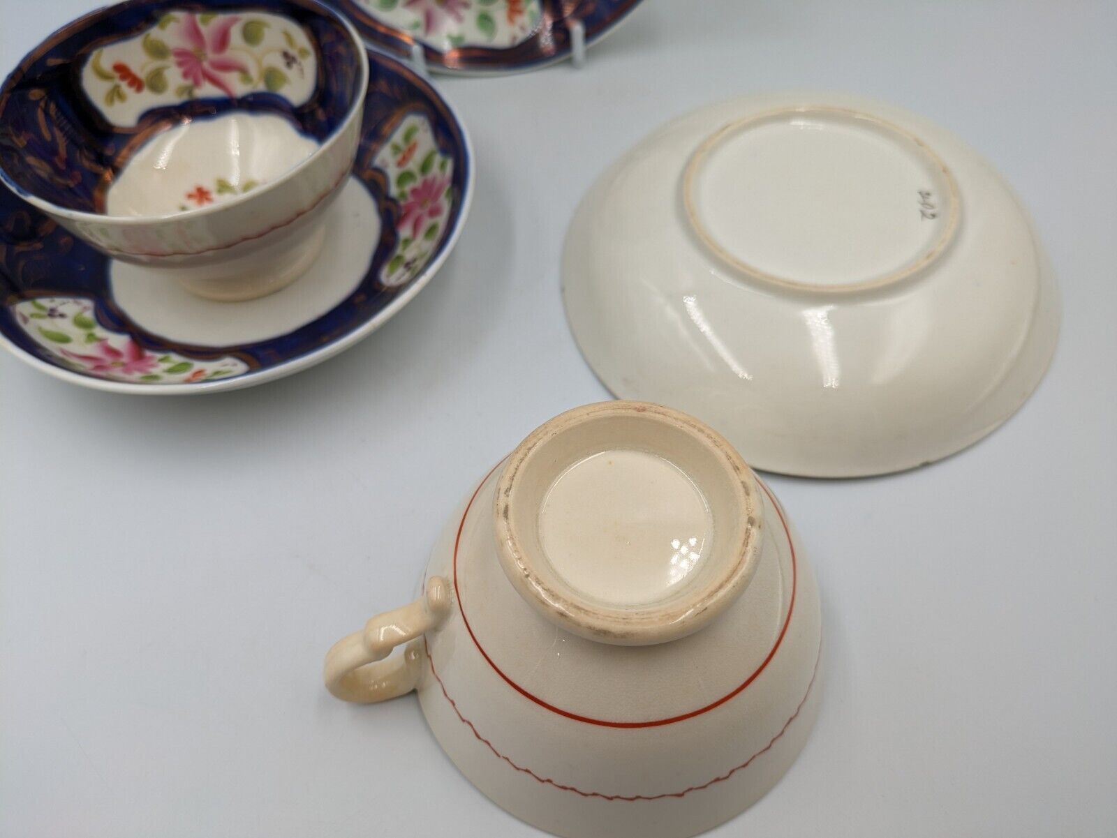 ANTIQUE Mid 1800’s ENGLISH GAUDY WELSH TEA CUPS SAUCERS DUOS COBALT BLUE COPPER 