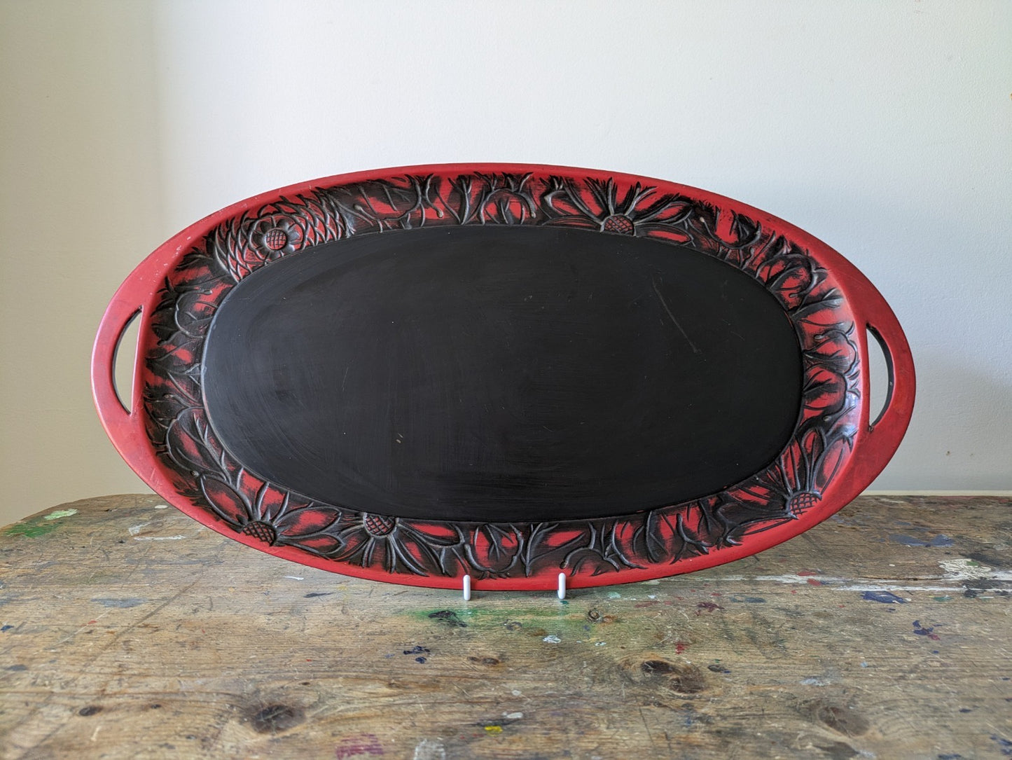 Japanese Obon Tray Lacquer Vintage Kamakura Tradition Carved Large Rare Floral!