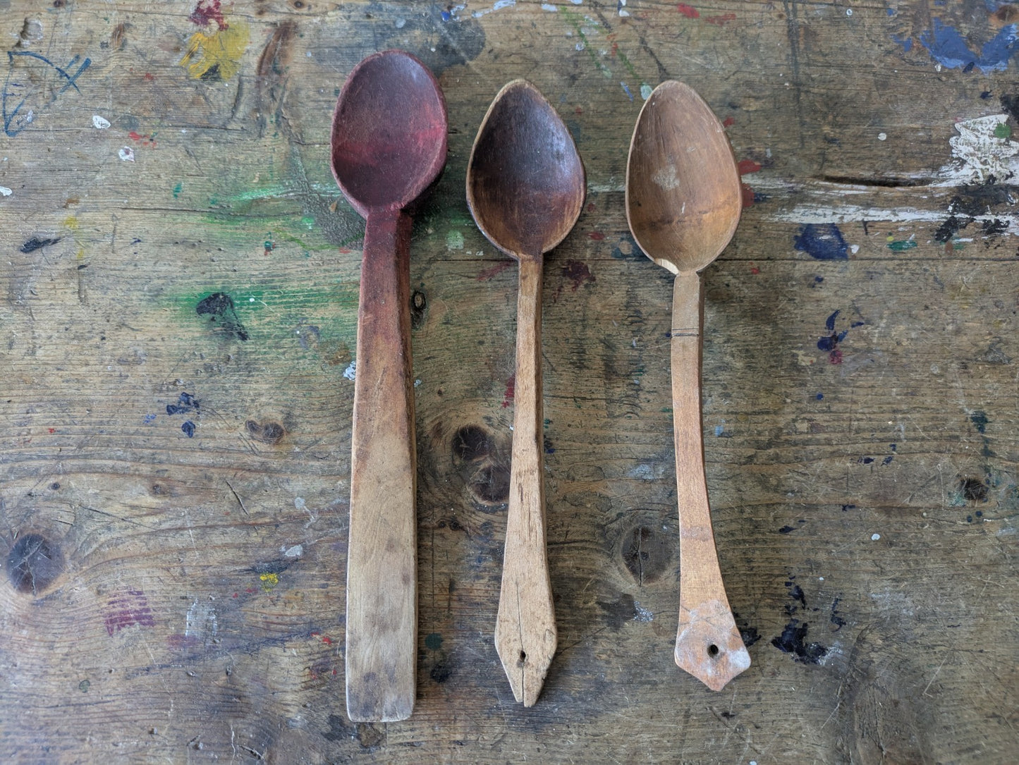 OLD ANTIQUE PRIMITIVE WOODEN HANDMADE LONG RARE CARVED SPOONS PADLE - LOT OF 3.