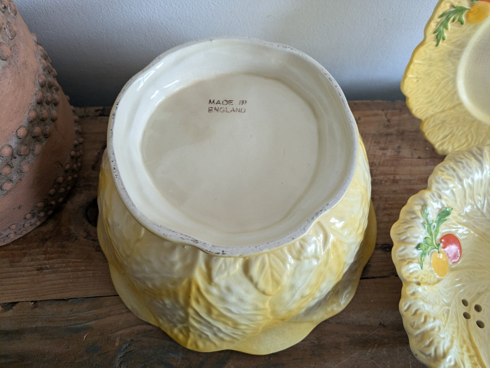 Falcon Ware Yellow Fruit Bowl Leaf Plate Painted Fruits Spring Art Deco Sieve