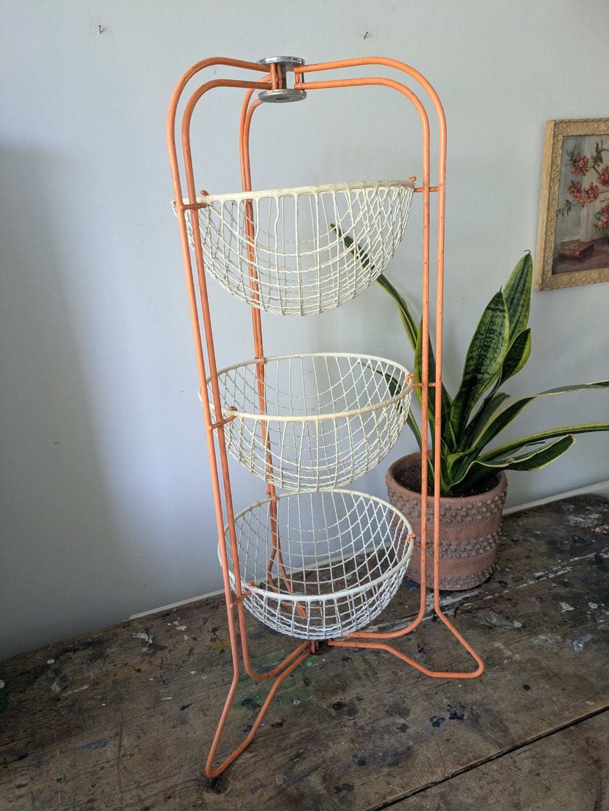 Vintage Mid Century 50 60s Prestige Veg Kitchen Rack Storage Wire Basket Orange