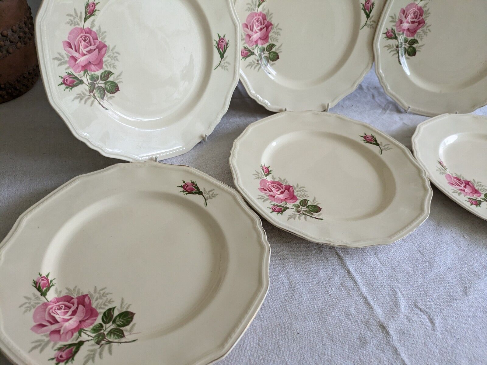 6x VINTAGE ALFRED MEAKIN SANDRINGHAM CABBAGE ROSE DINNER PLATE UP CREAM SHABBY 