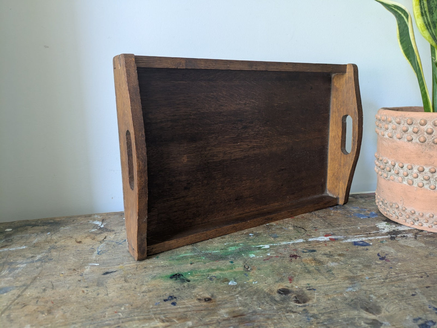 Vintage Antique Oak Wood Butlers Serving Tray with Handles Inset Prop Tea Drinks