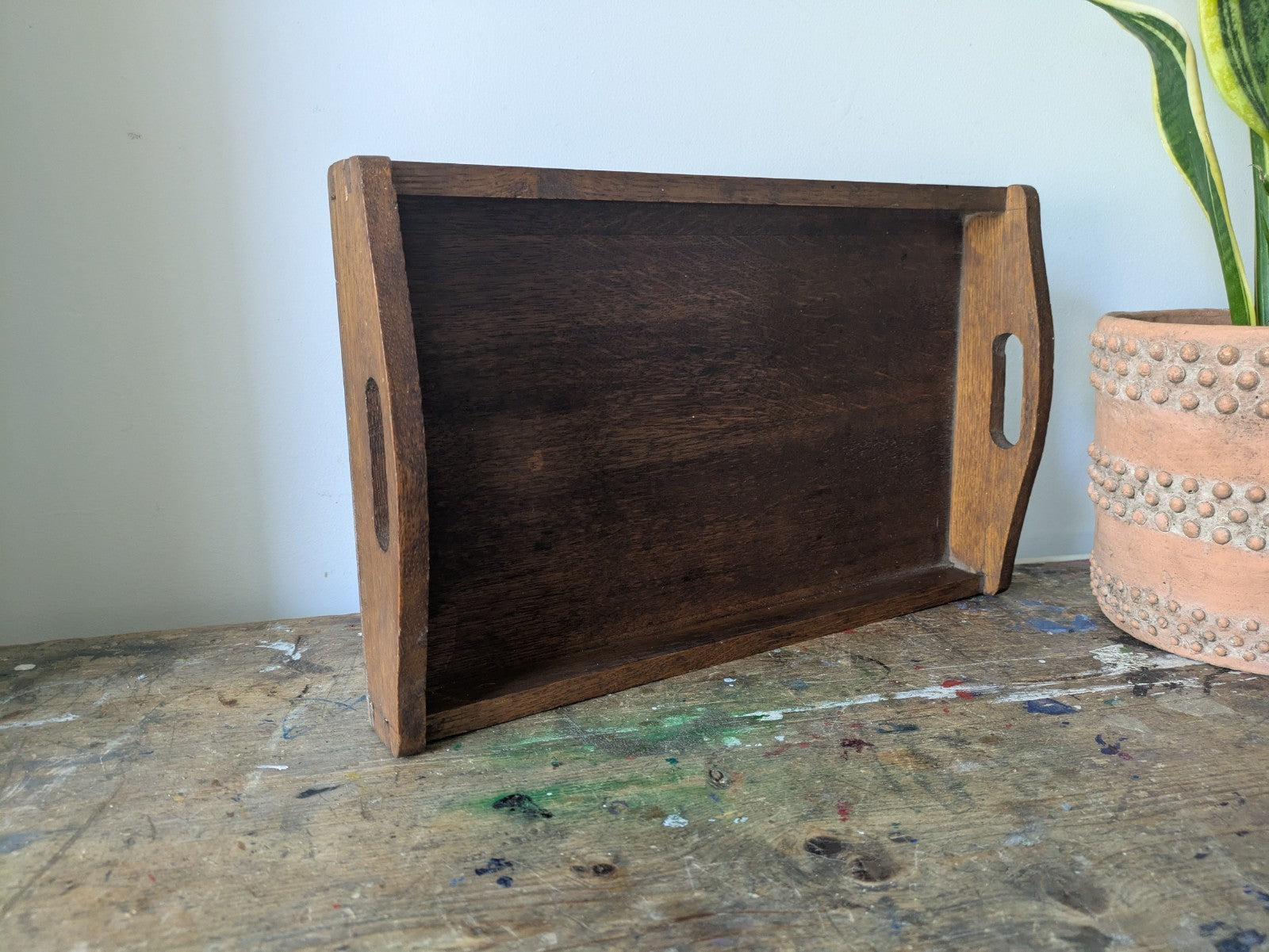 Vintage Antique Oak Wood Butlers Serving Tray with Handles Inset Prop Tea Drinks