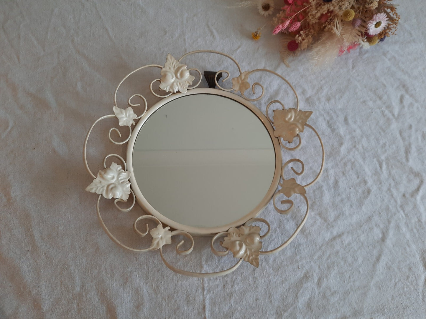 Vtg Retro Round Wrought Iron Wall Mirror Scroll & Leaf Design Cream Circular 70s