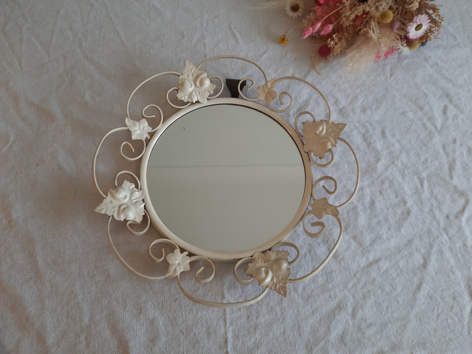 Vtg Retro Round Wrought Iron Wall Mirror Scroll & Leaf Design Cream Circular 70s