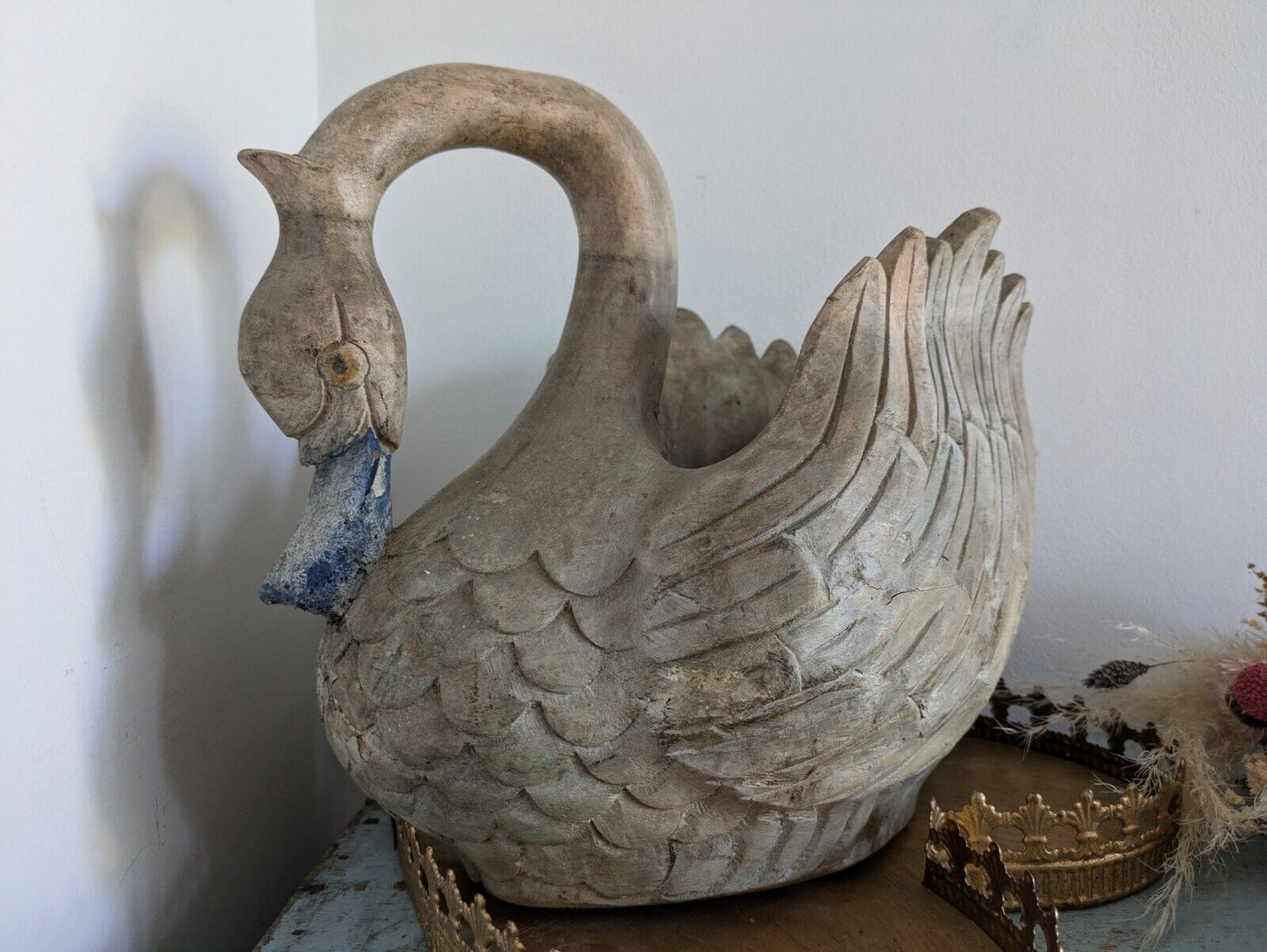 Carved Wood Swan Decoy Vintage Large Painted Solid Wood Planter Decor Time Worn