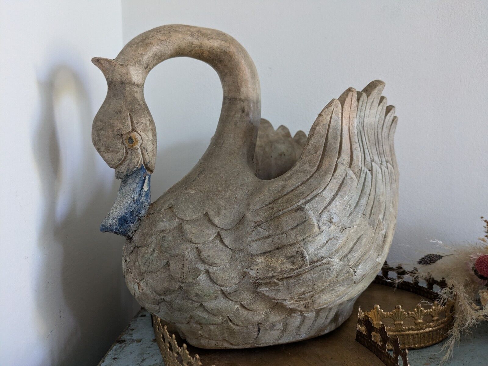 Carved Wood Swan Decoy Vintage Large Painted Solid Wood Planter Decor Time Worn