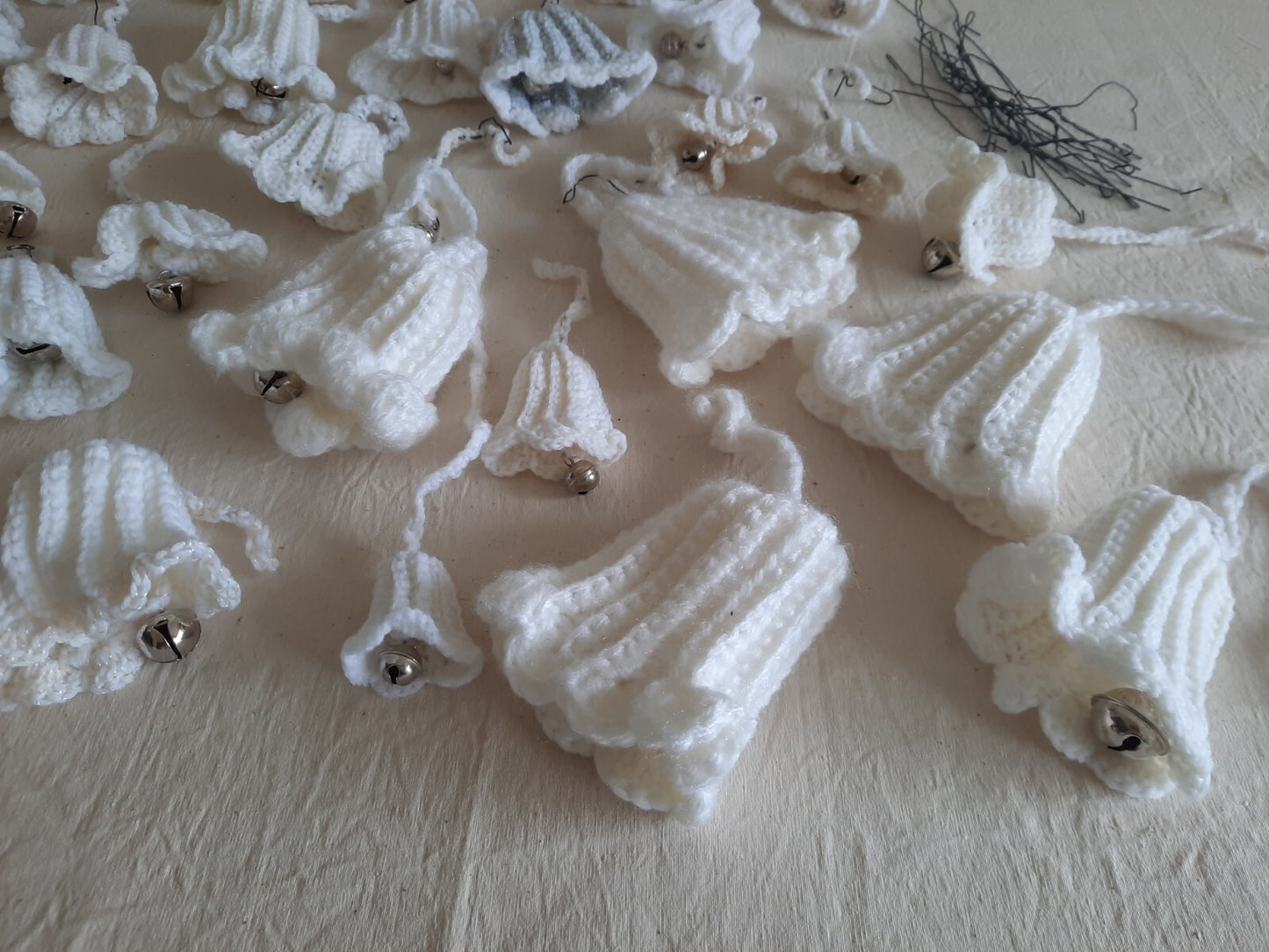 Vintage Christmas Ornament Lot Crochet Knitted 30 Bells Handmade Folk MCM Retro