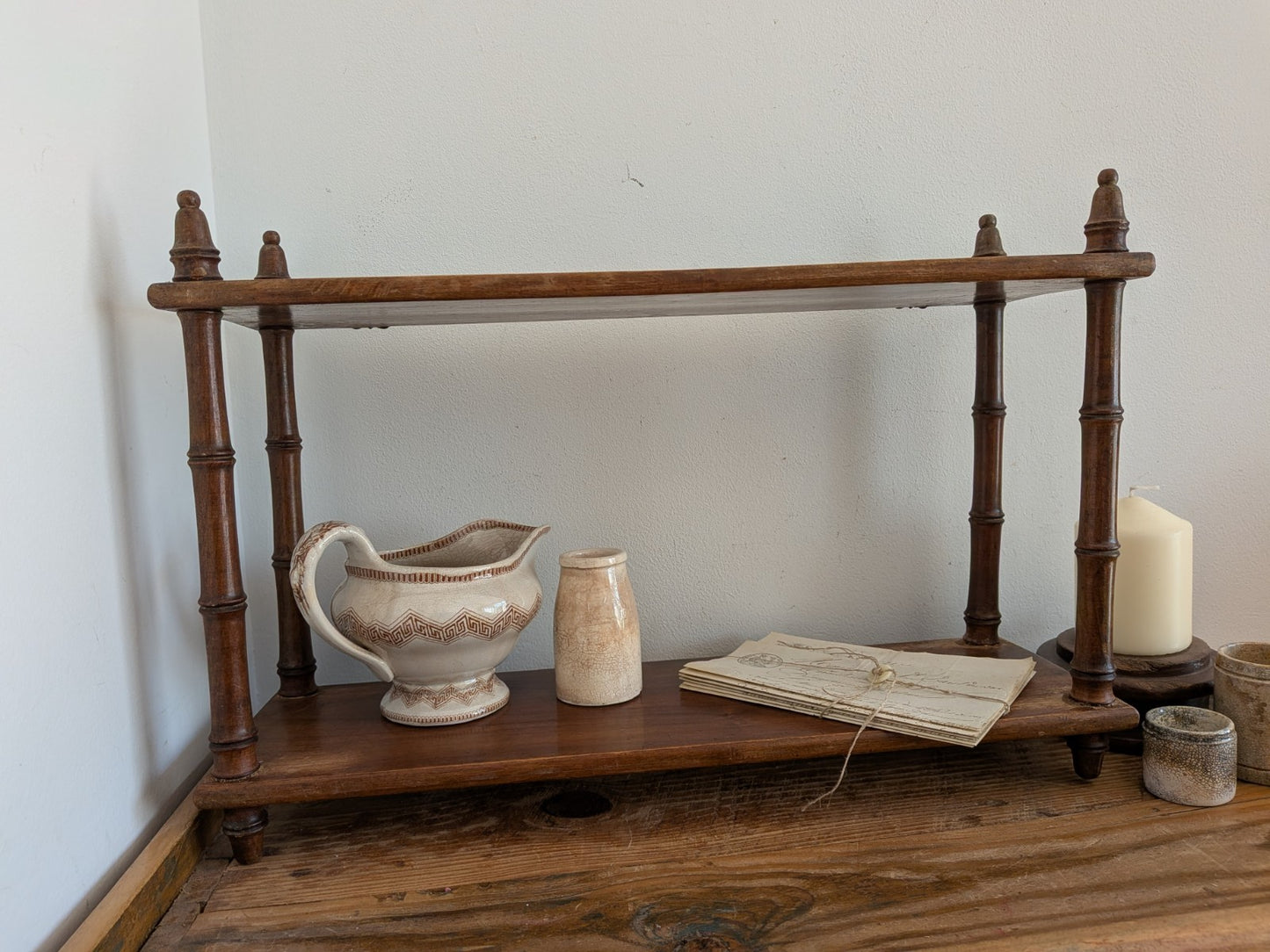 Antique Vintage French Faux Bamboo Wall Shelf Two Tier Wooden Finials Bookshelf 