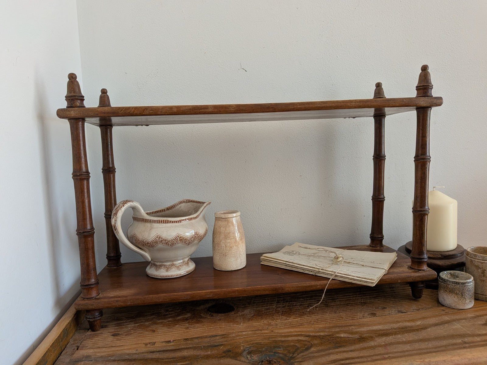 Antique Vintage French Faux Bamboo Wall Shelf Two Tier Wooden Finials Bookshelf 