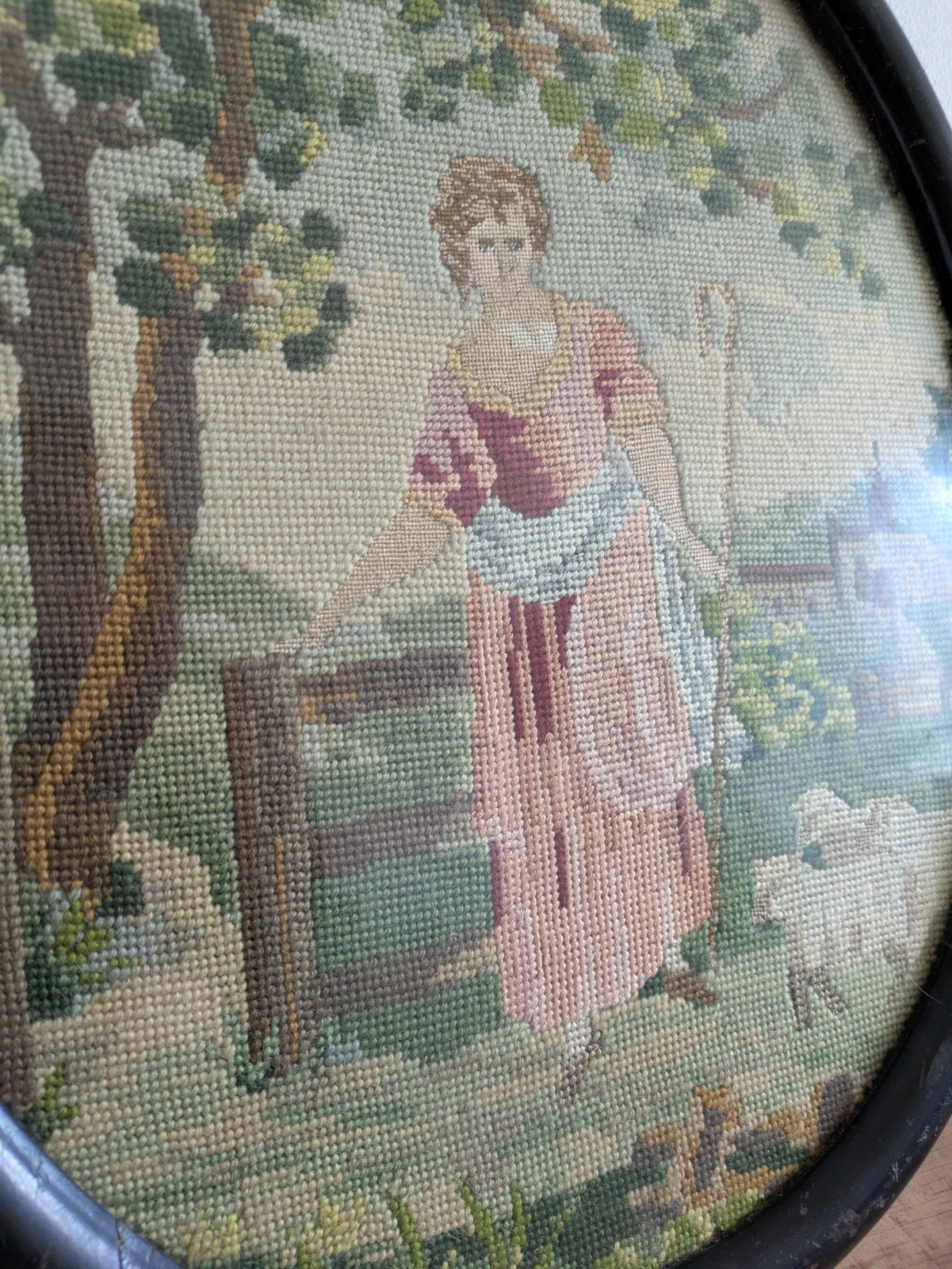 Antique Oval Vintage Framed Handmade Wool Needlepoint Tapestry Shepherdess Sheep