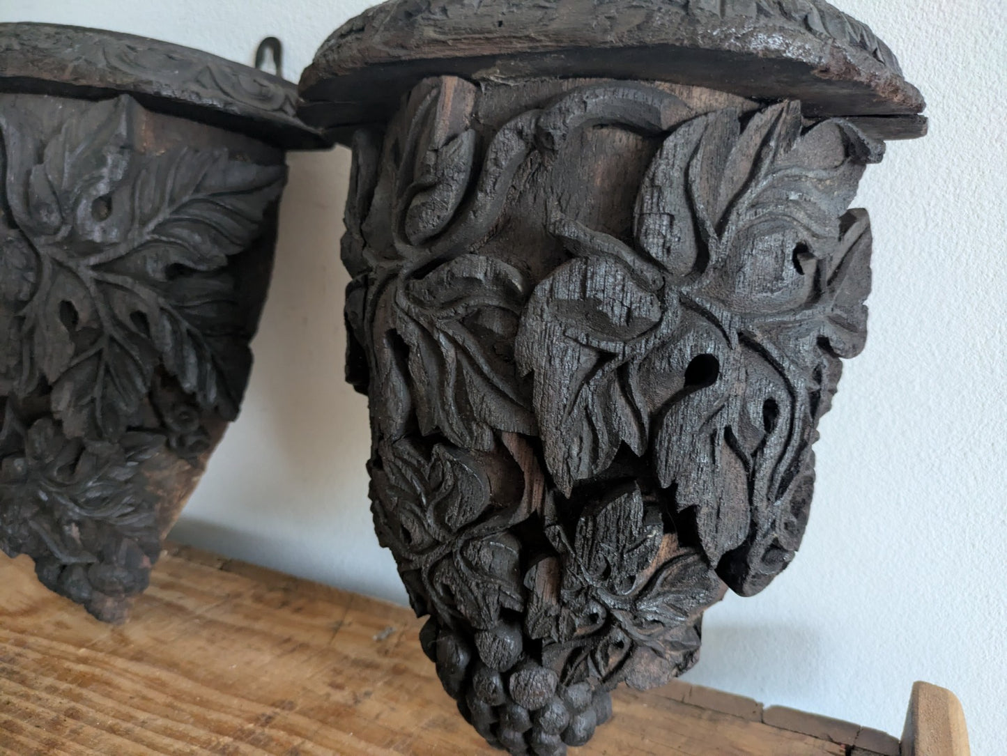 Antique Pair Carved Wall Hanging Shelf Sconce Decor C1880 Demi Lune Rare Vtg 