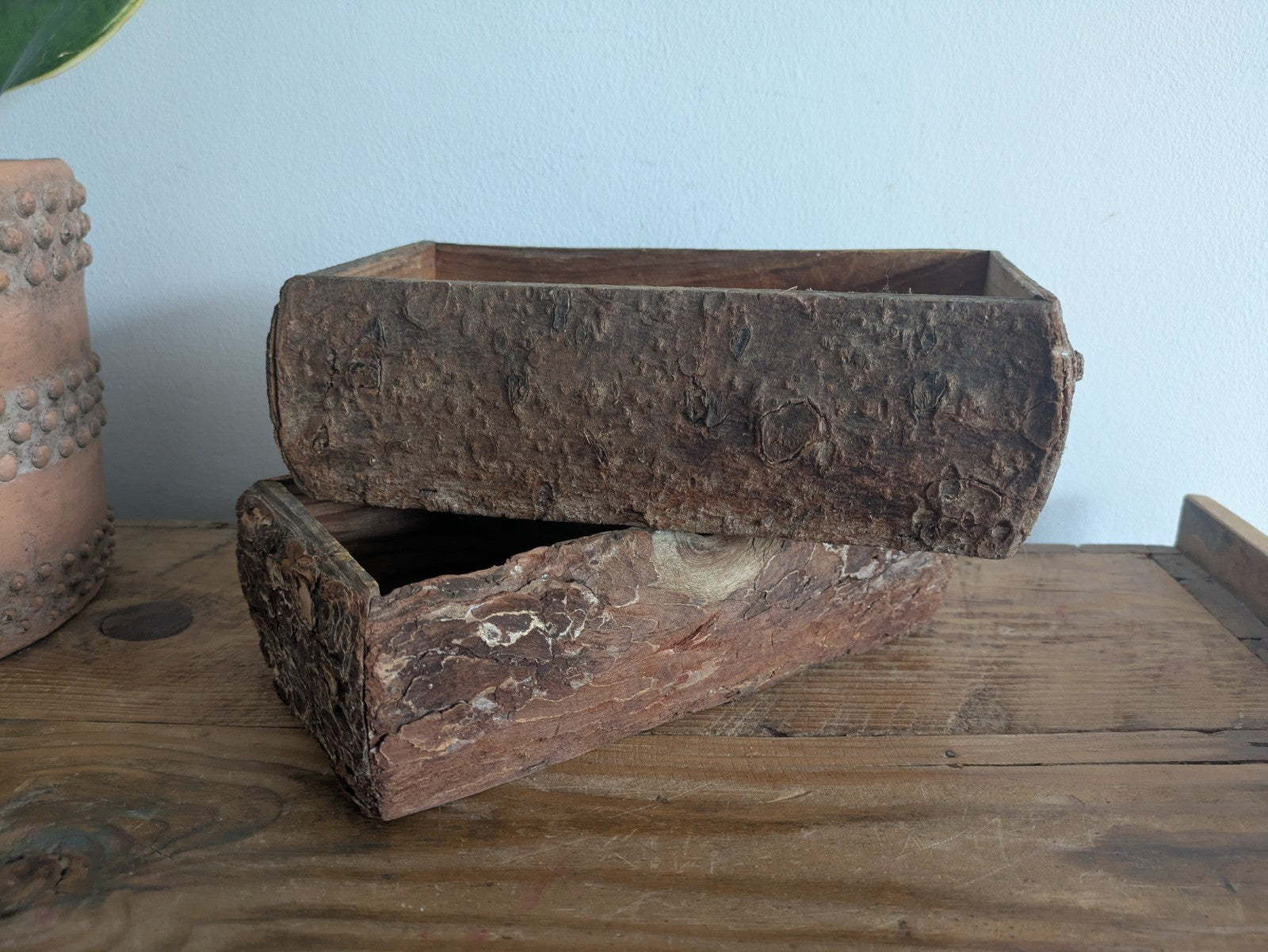 Pair Of Reclaimed Rustic Wood Handmade Box Planter Centerpiece Log Farmhouse Vgc