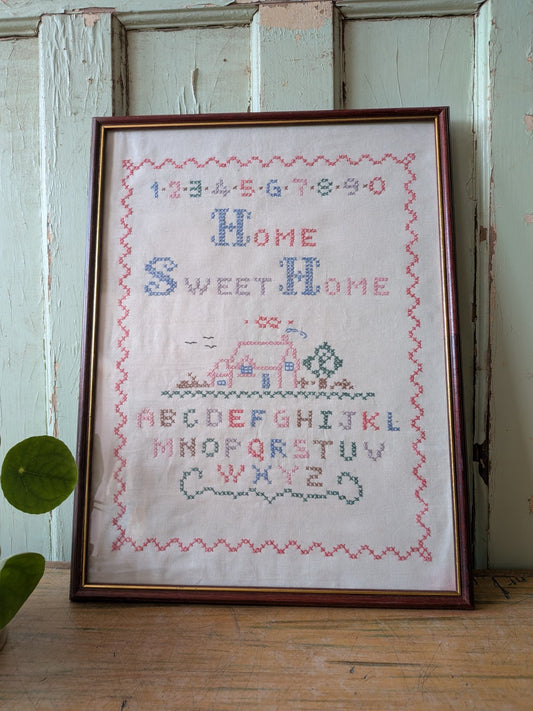 Vintage Framed Cross Stitch Sampler Home Sweet Home Alphabet Numbers Cottagecore