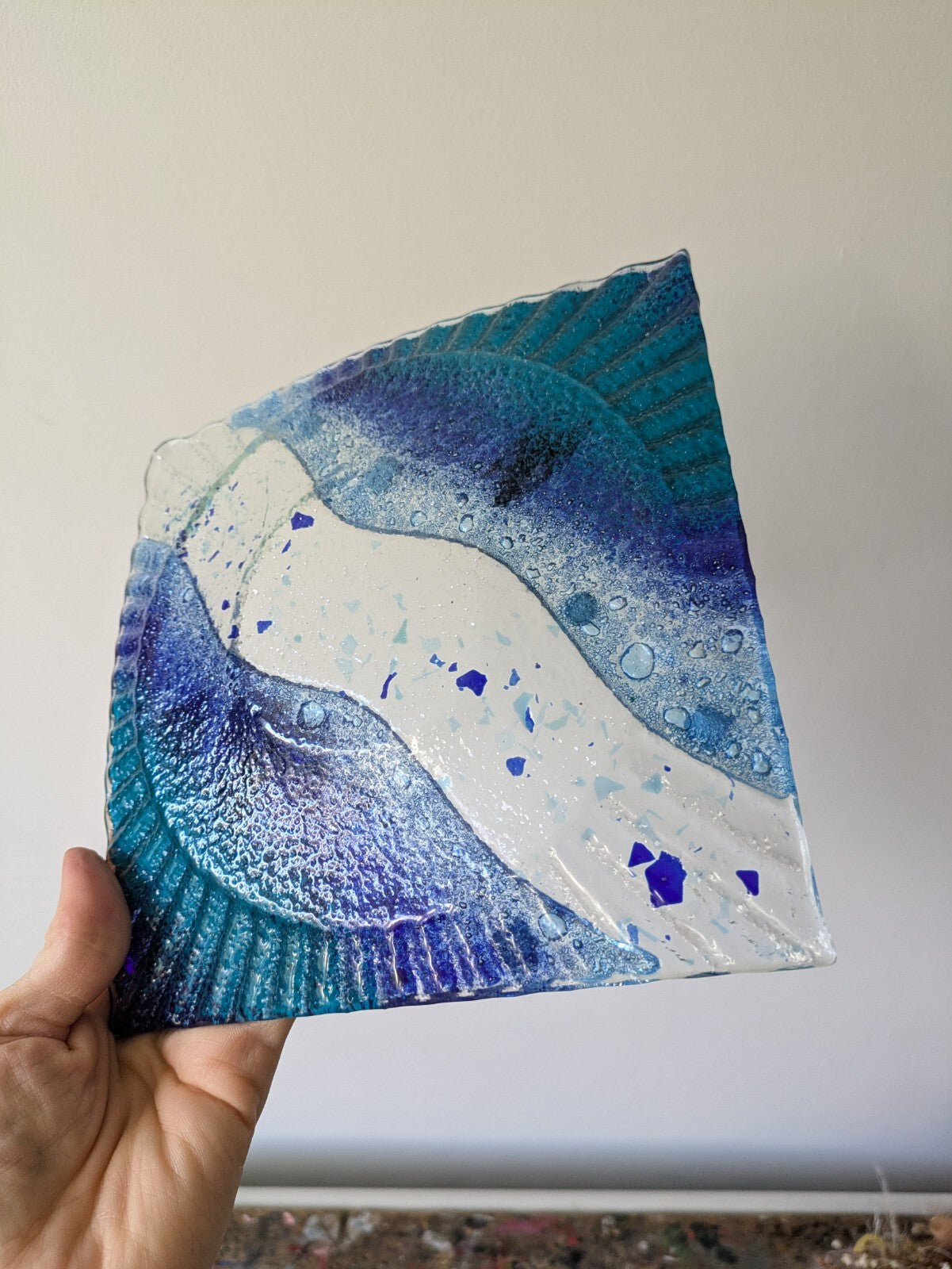 Ribbed fused glass Nautical plate Art Glass Blue Abstract  Square Water River