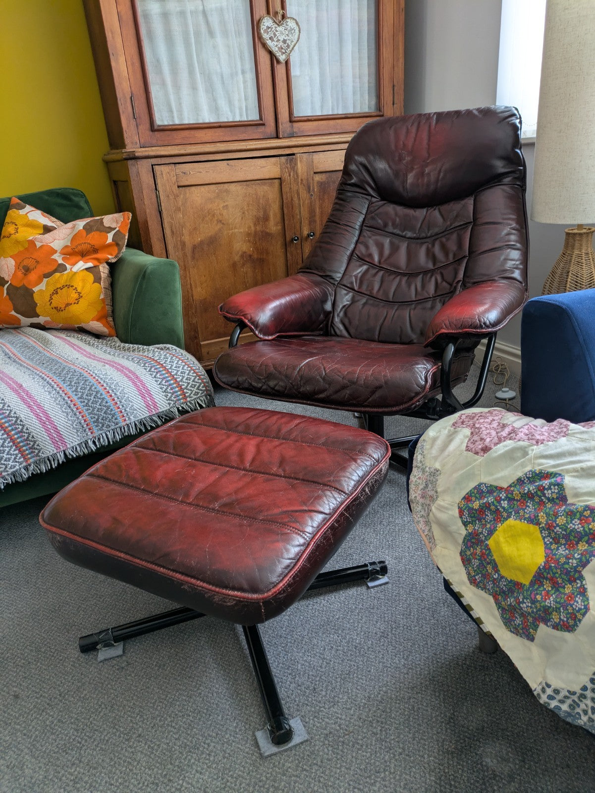MCM Skoghaug Industries Oxblood Red Leather Swivel Recliner Armchair & Stool 60s