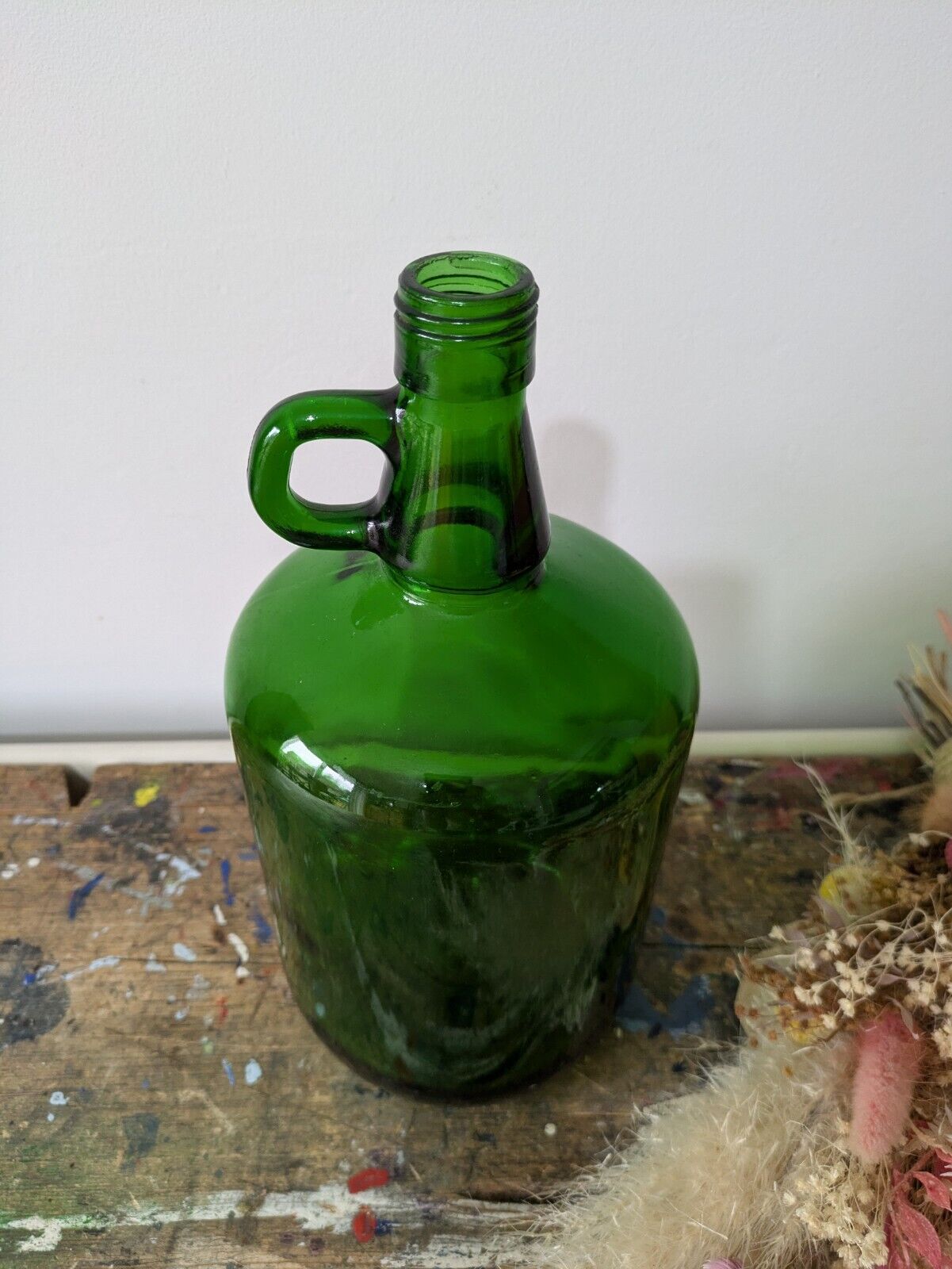 Vtg French Green Glass Jug Bottle Demijohn Modele Depose Beer Wine Display Vase 