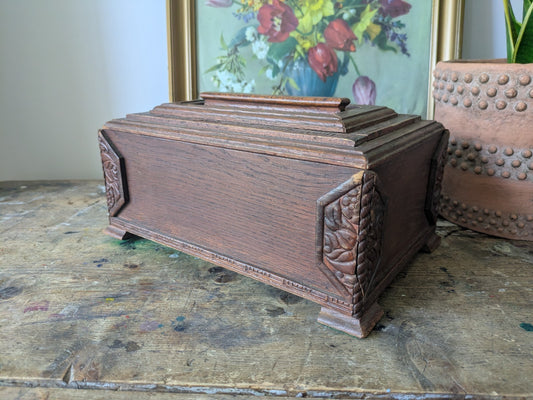 Antique 19th Century Carved Wood Stationary Box Deco Arts Crafts Oak Caddy Vtg